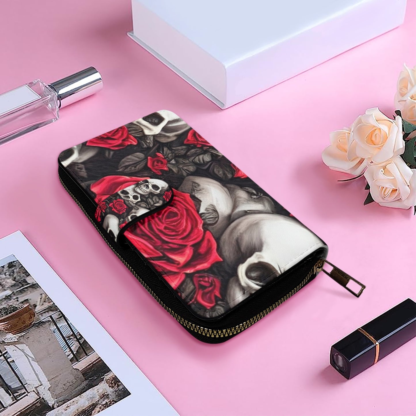 728. Skull & Roses Design (Blk/Red) Flap Wallet