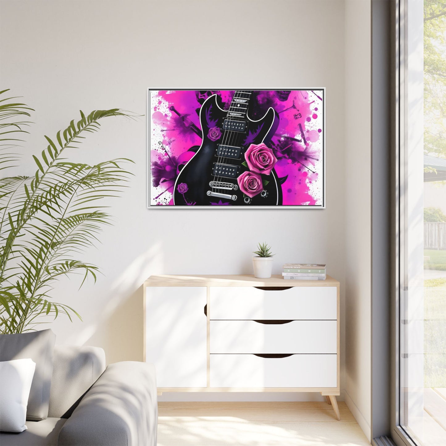 Canvas Art Print 1 of 4 - VIBRAINT Purple Guitar with Skulls and Pink Roses - Rock n Royalty Designs