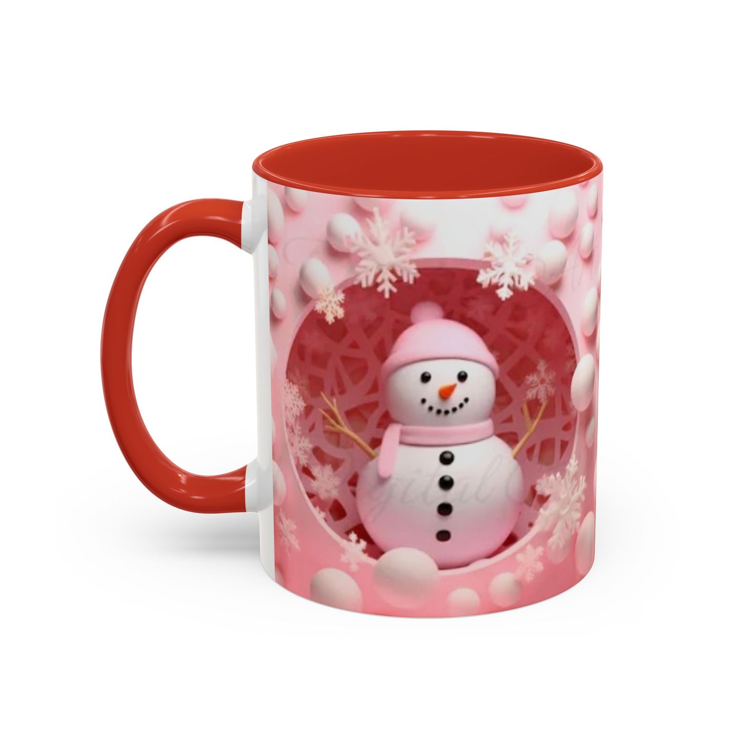 Snowman Coffee Mug, Pink Heart Winter Design (11oz) Printify