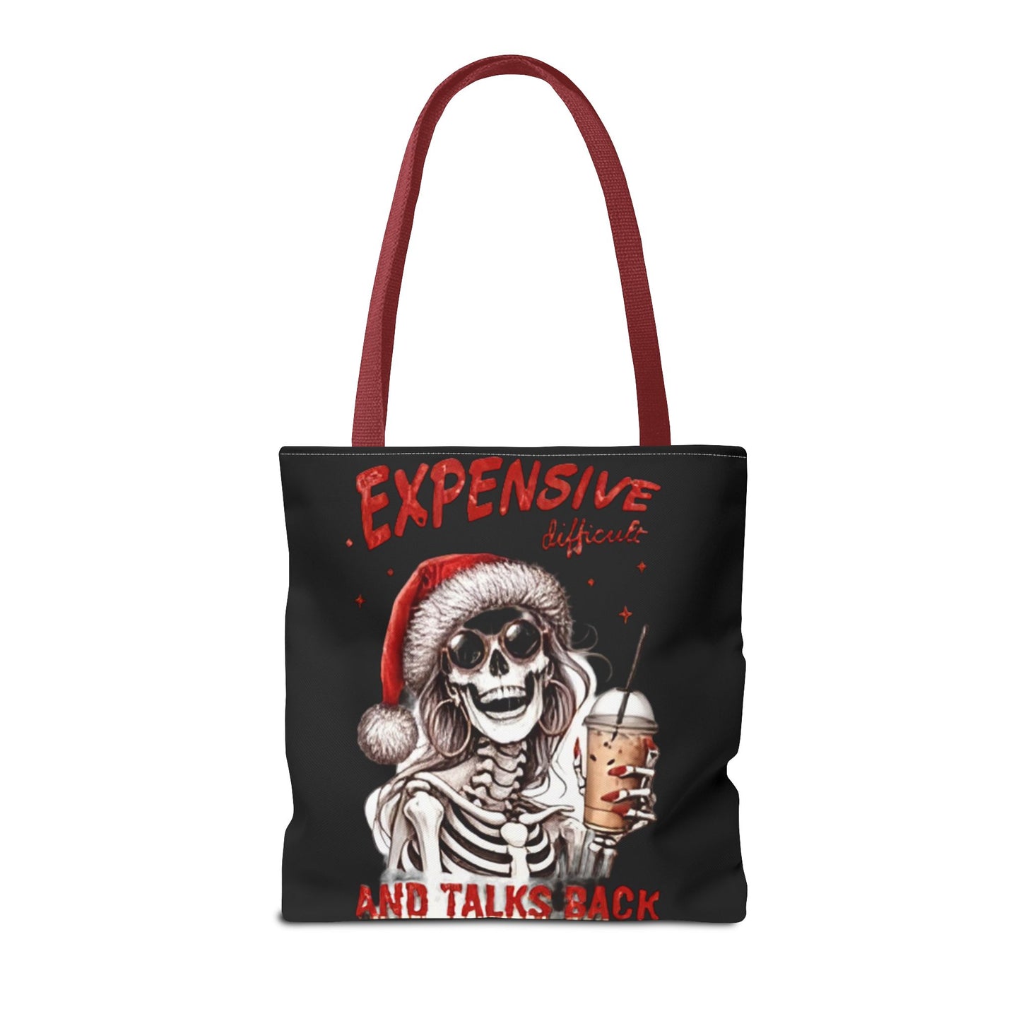 "Expensive and Talks Back: Sassy Skeleton Santa Tote Bag" Printify