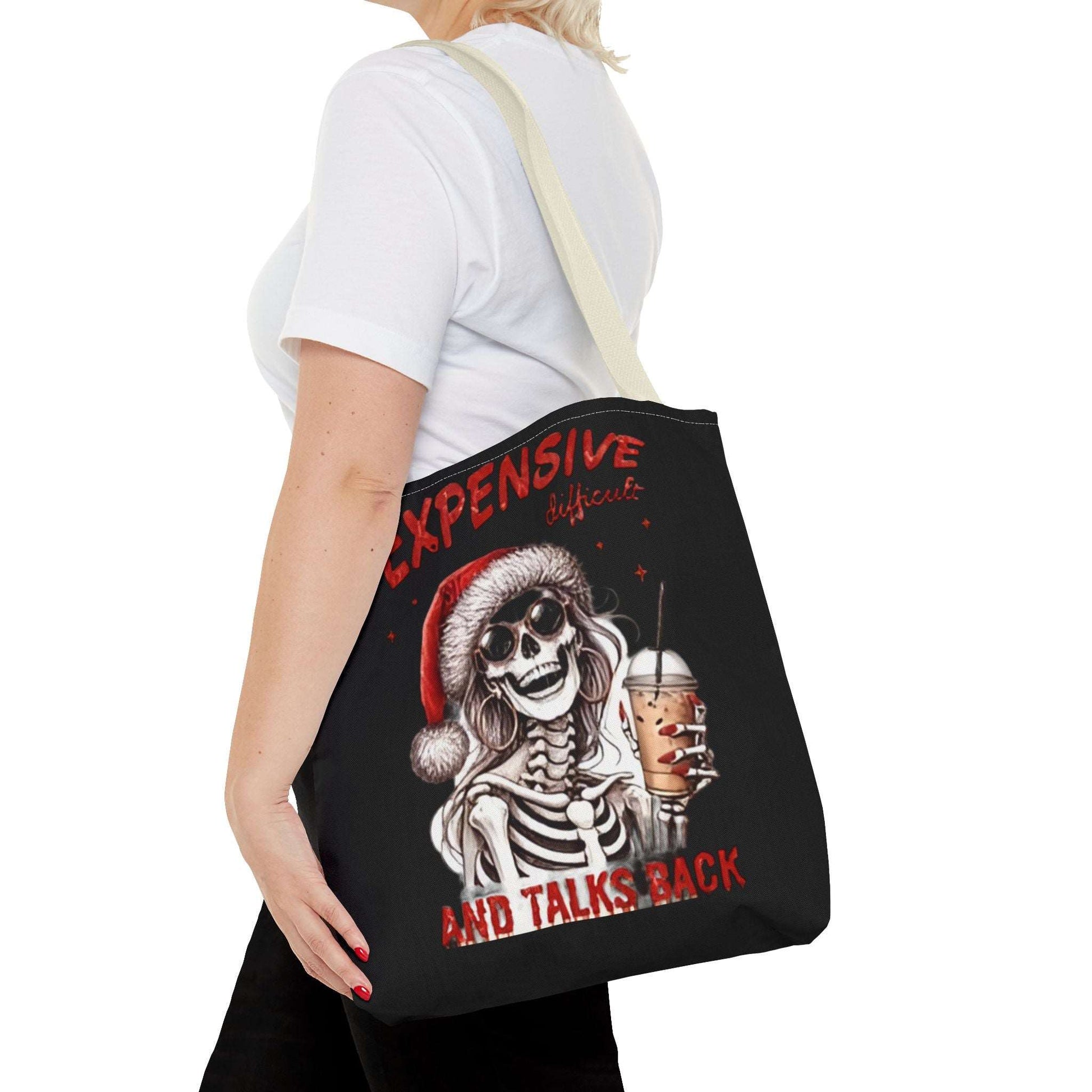 "Expensive and Talks Back: Sassy Skeleton Santa Tote Bag"