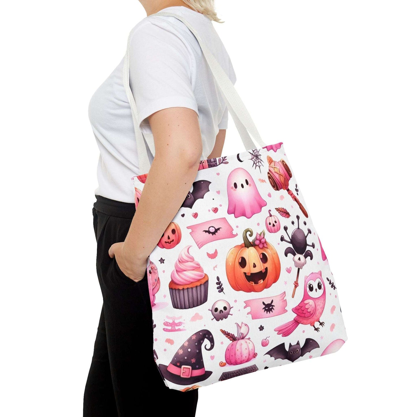 "Kawaii Halloween Tote Bag - Cute Ghost, Pumpkin & Spooky Treats Design"