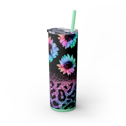 Pink Blue Green _Flowers-Animal Priint Sparkles Skinny Tumbler with Straw, 20oz - Rock n Royalty Designs