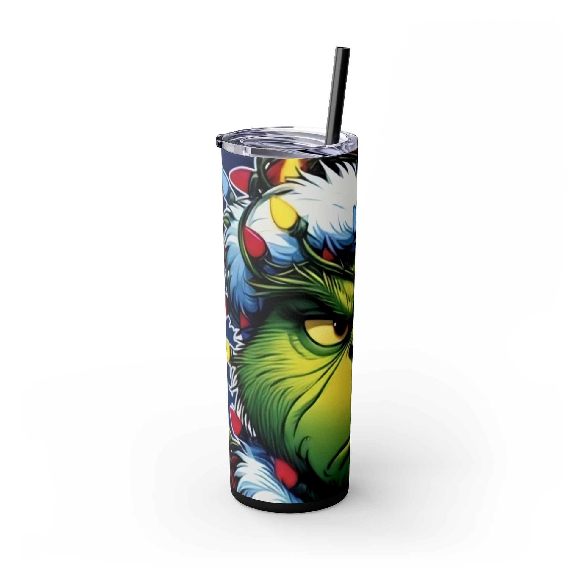 Mad Grinch Face Skinny Tumbler with Straw, 20oz Printify