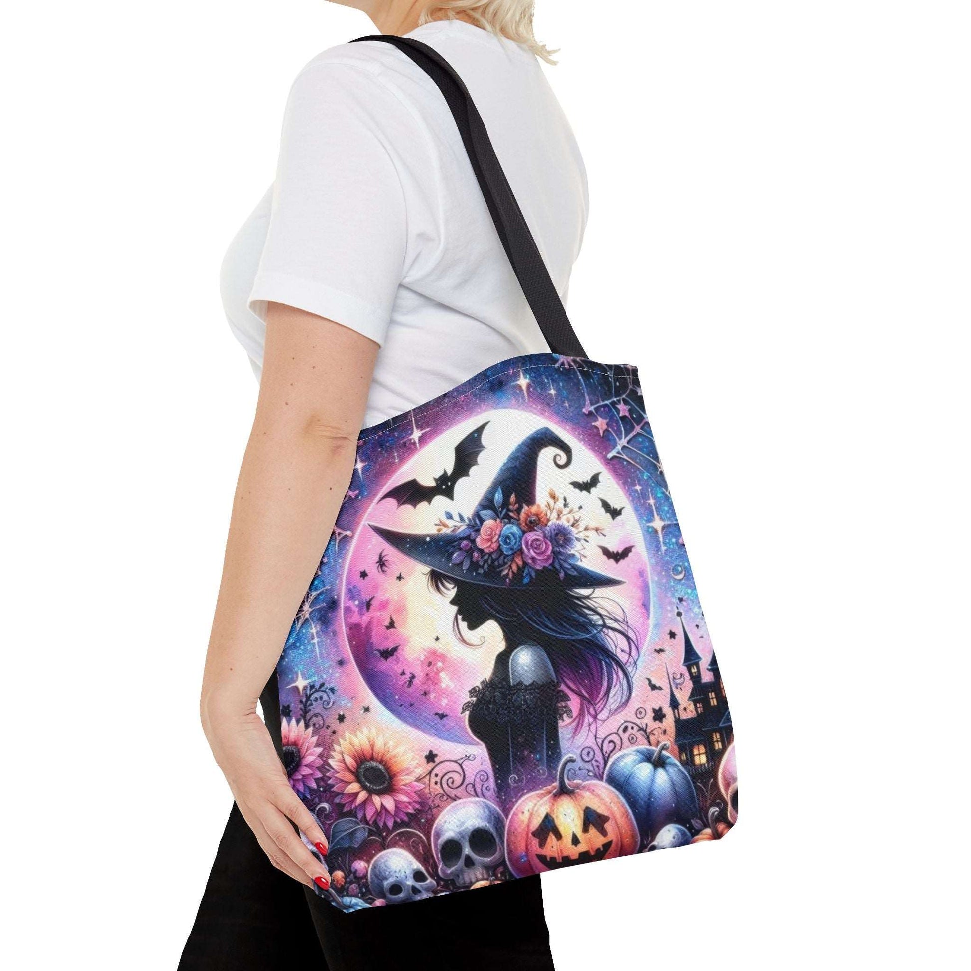 "Mystical Witch Tote Bag - Celestial Moon and Bat Design (AOP)"