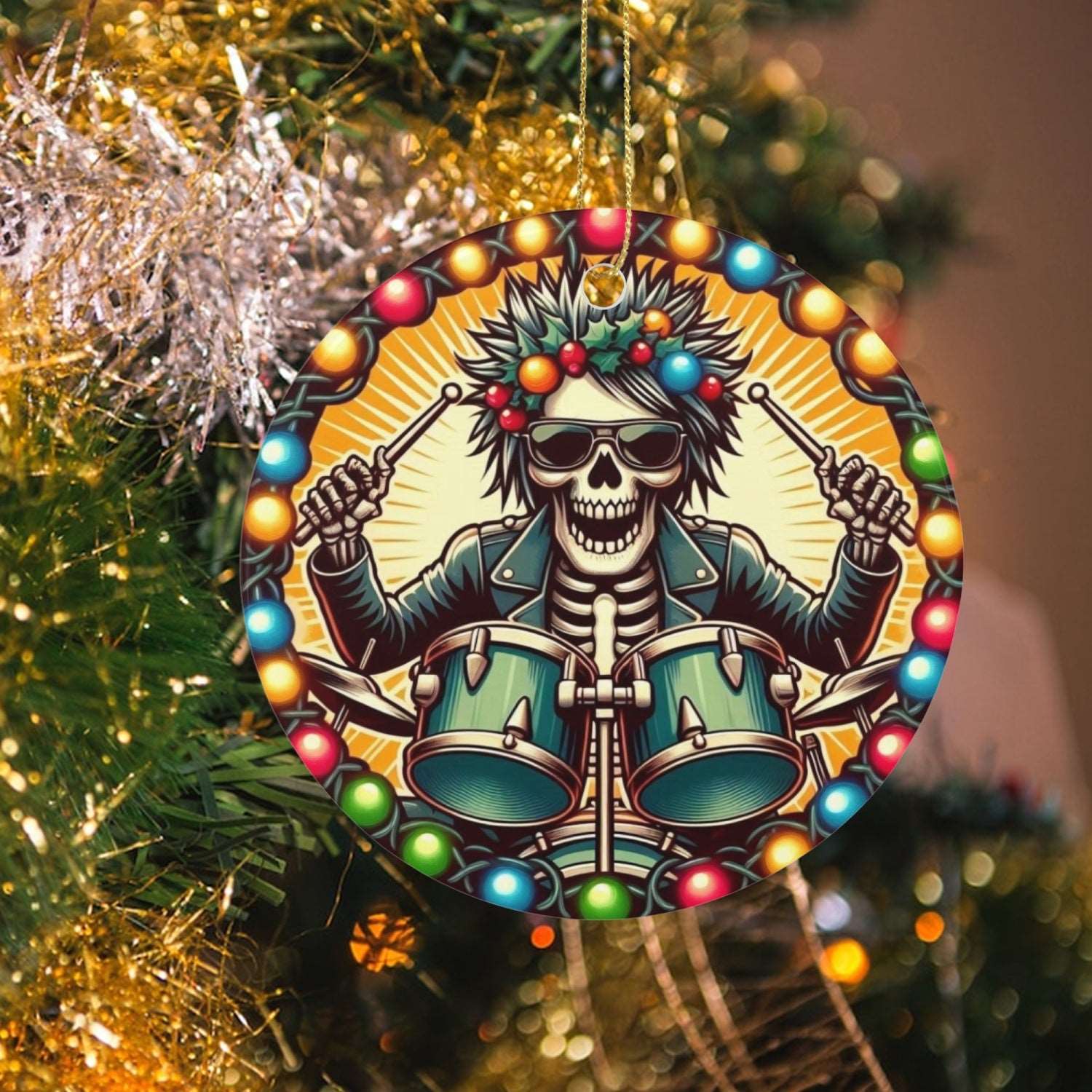 "Festive Skeleton Drummer Christmas Design - Holiday Rock Art"