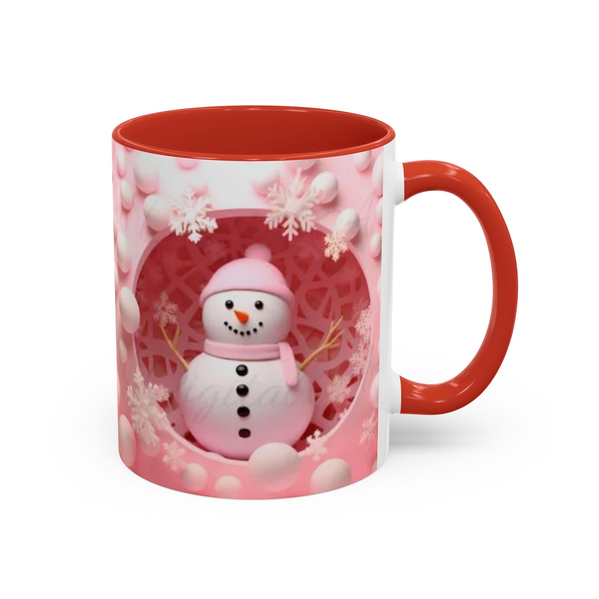 Snowman Coffee Mug, Pink Heart Winter Design (11oz) Printify