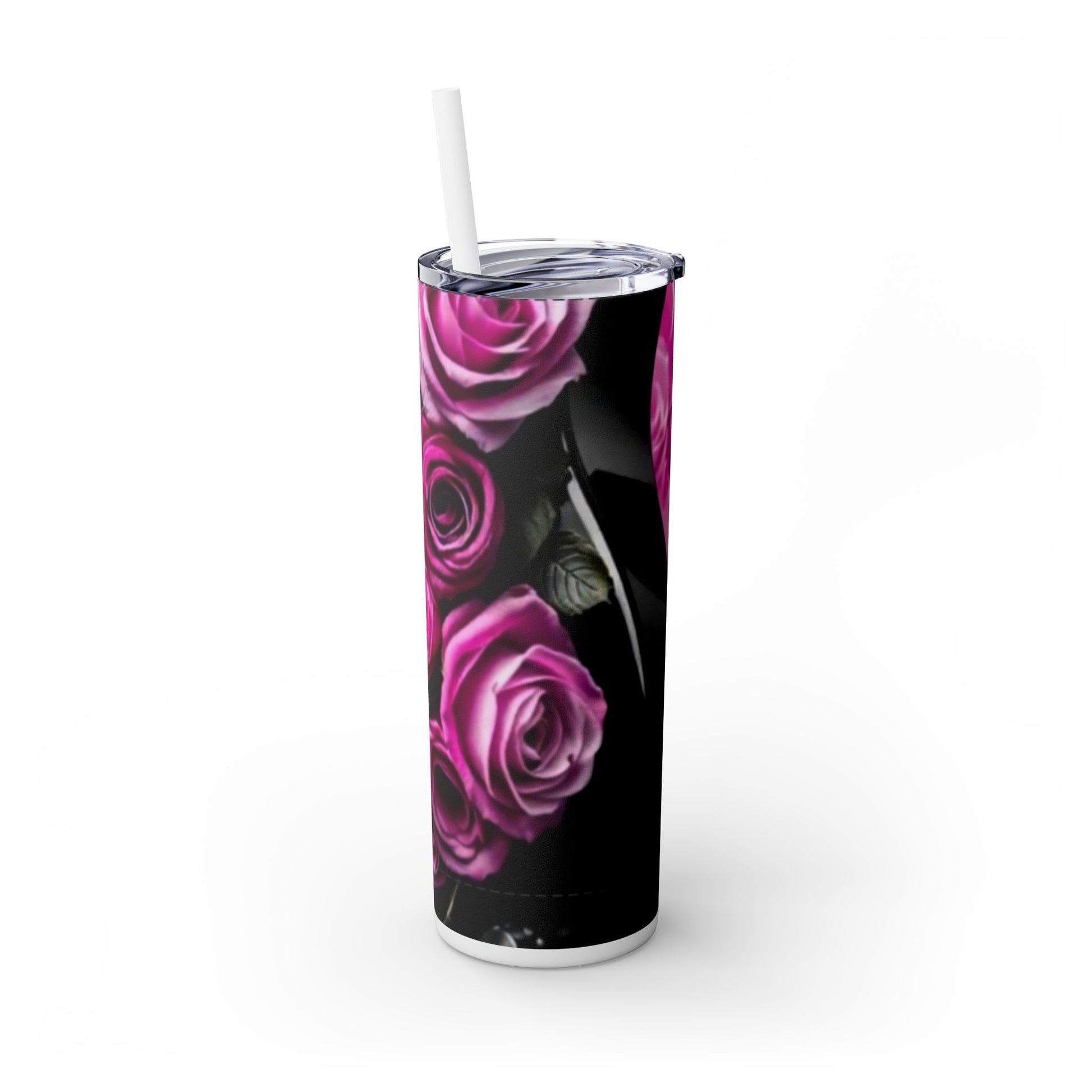 Series 3 of 4 - VIBRAINT Purple Guitar with Skulls and Pink Roses,Skinny Tumbler with Straw, 20oz - Rock n Royalty Designs