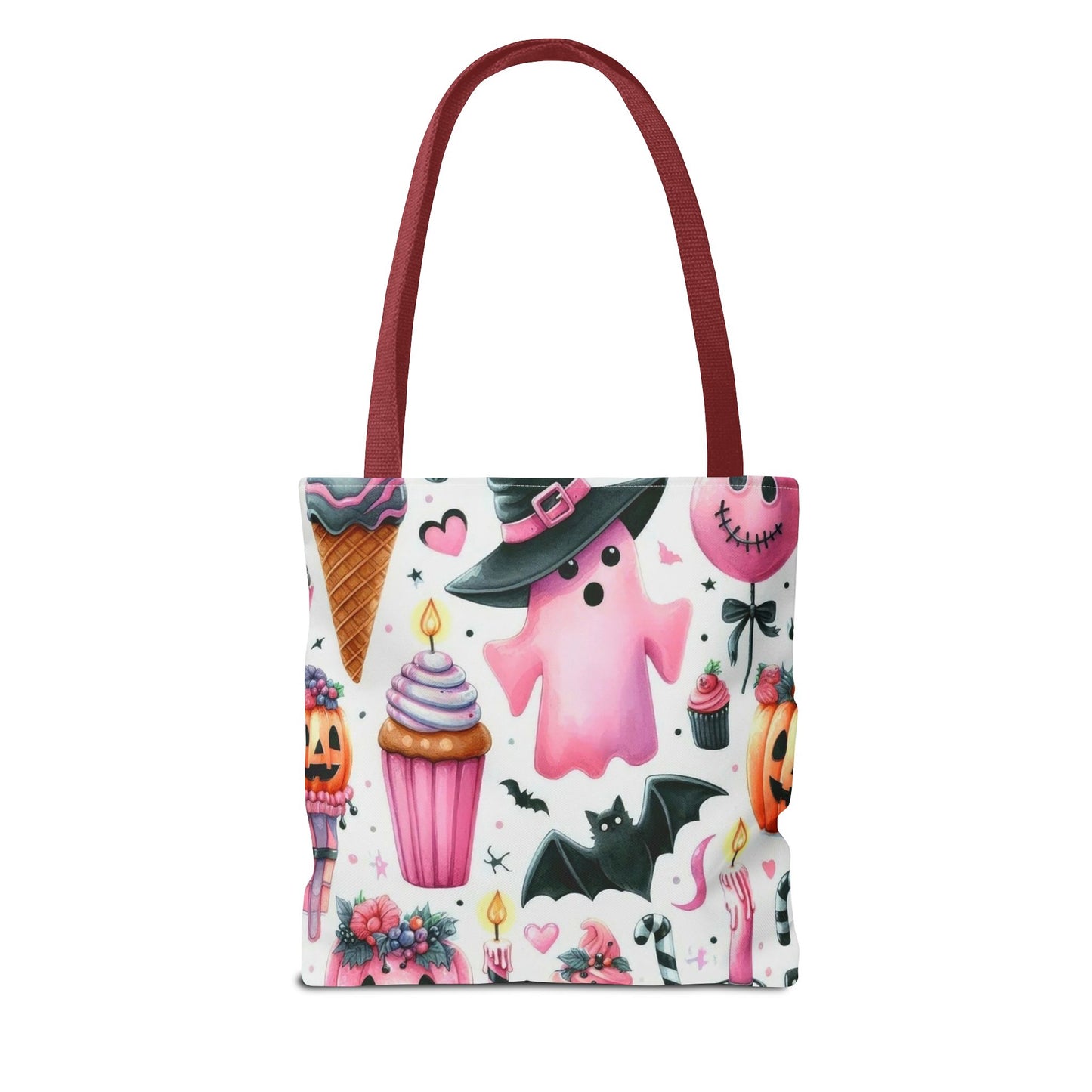 "Cute Halloween Tote Bag - Pink Ghost & Spooky Treats Design" Print Tote Bag Printify