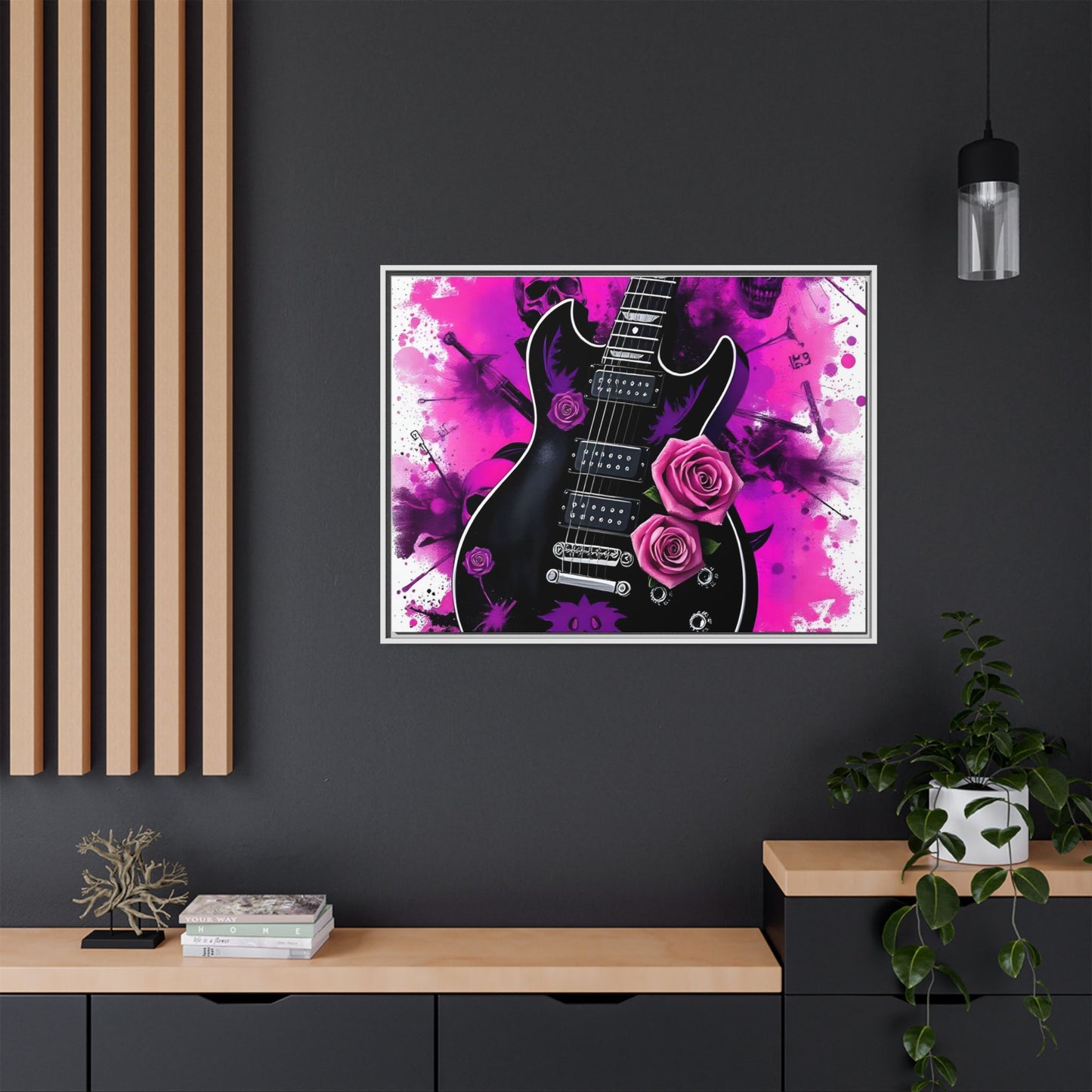 Canvas Art Print 1 of 4 - VIBRAINT Purple Guitar with Skulls and Pink Roses - Rock n Royalty Designs