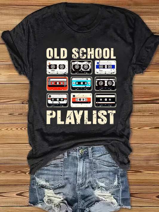 Recording Tape & Letter Print T-shirt, Vintage Crew Neck Short Sleeve Top For Spring & Summer, Women's Clothing - Rock n Royalty Designs