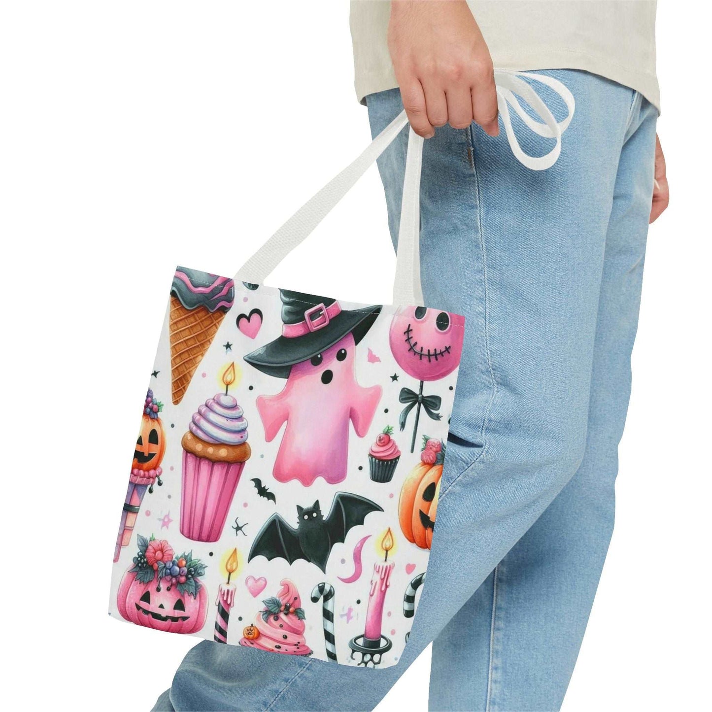 "Cute Halloween Tote Bag - Pink Ghost & Spooky Treats Design" Print Tote Bag