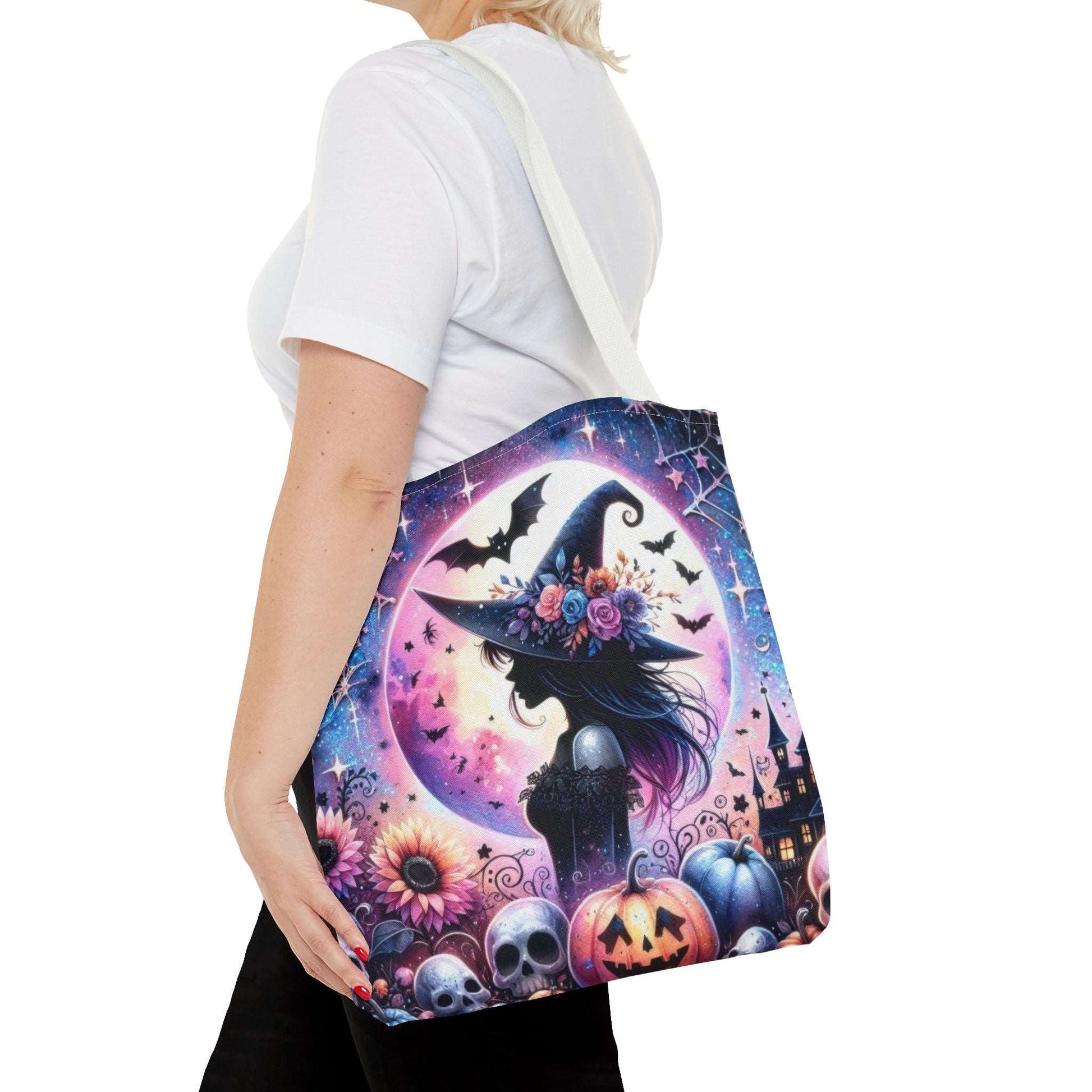 "Mystical Witch Tote Bag - Celestial Moon and Bat Design (AOP)"