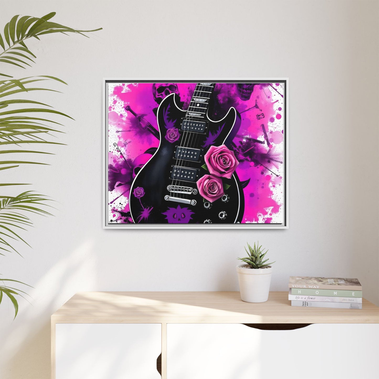 Canvas Art Print 1 of 4 - VIBRAINT Purple Guitar with Skulls and Pink Roses - Rock n Royalty Designs