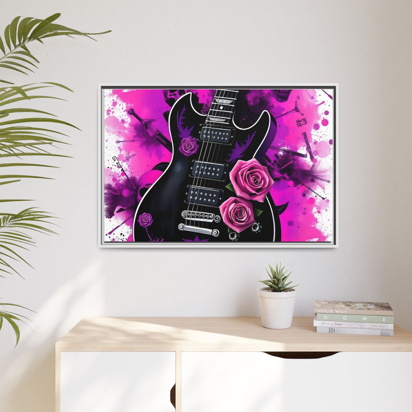 Canvas Art Print 1 of 4 - VIBRAINT Purple Guitar with Skulls and Pink Roses - Rock n Royalty Designs