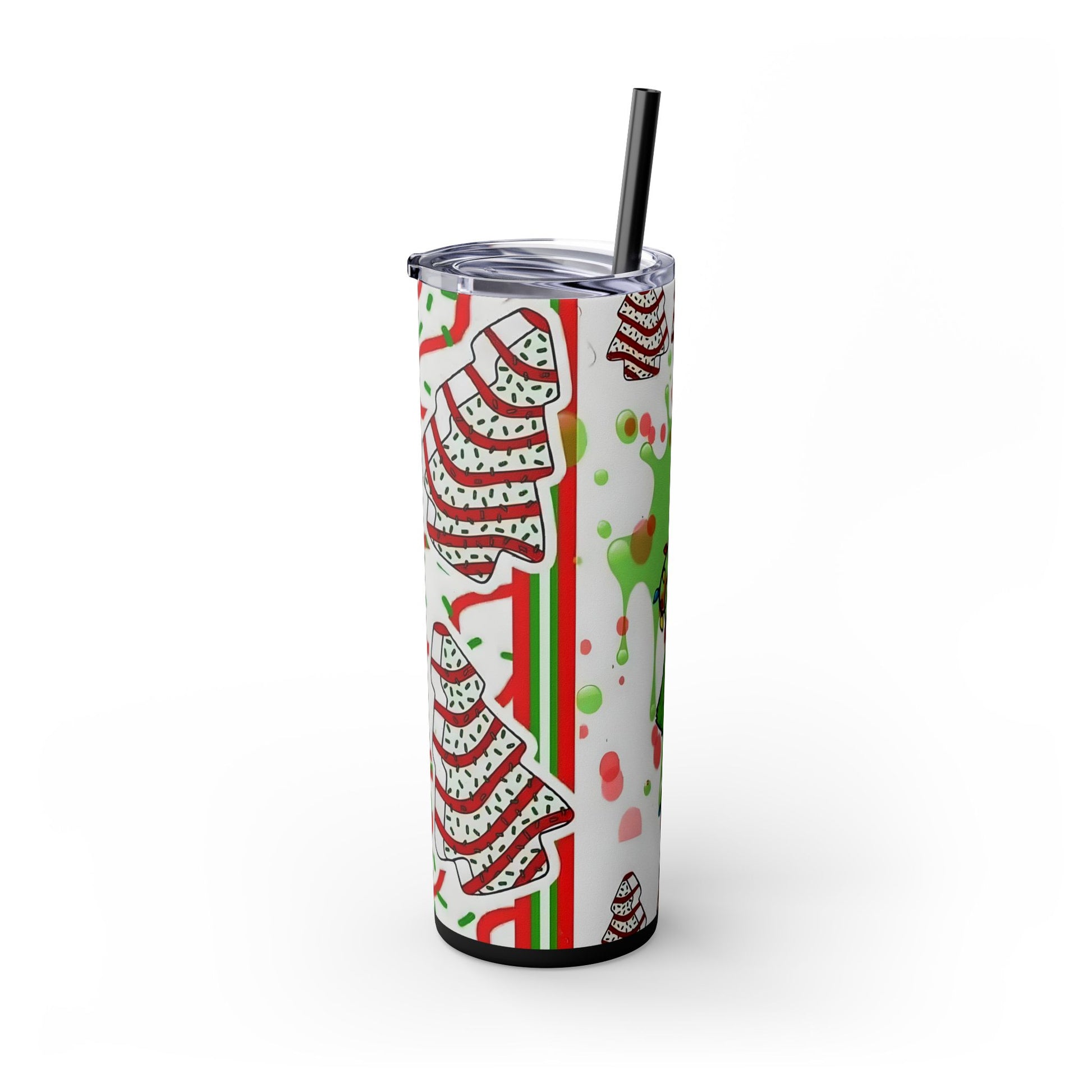 "Grinch Christmas Tumbler 20oz - Holiday Tumbler with Striped Christmas Cakes Design, Double Wall Insulated Cup with Straw (Funny Festive Collection)" Printify