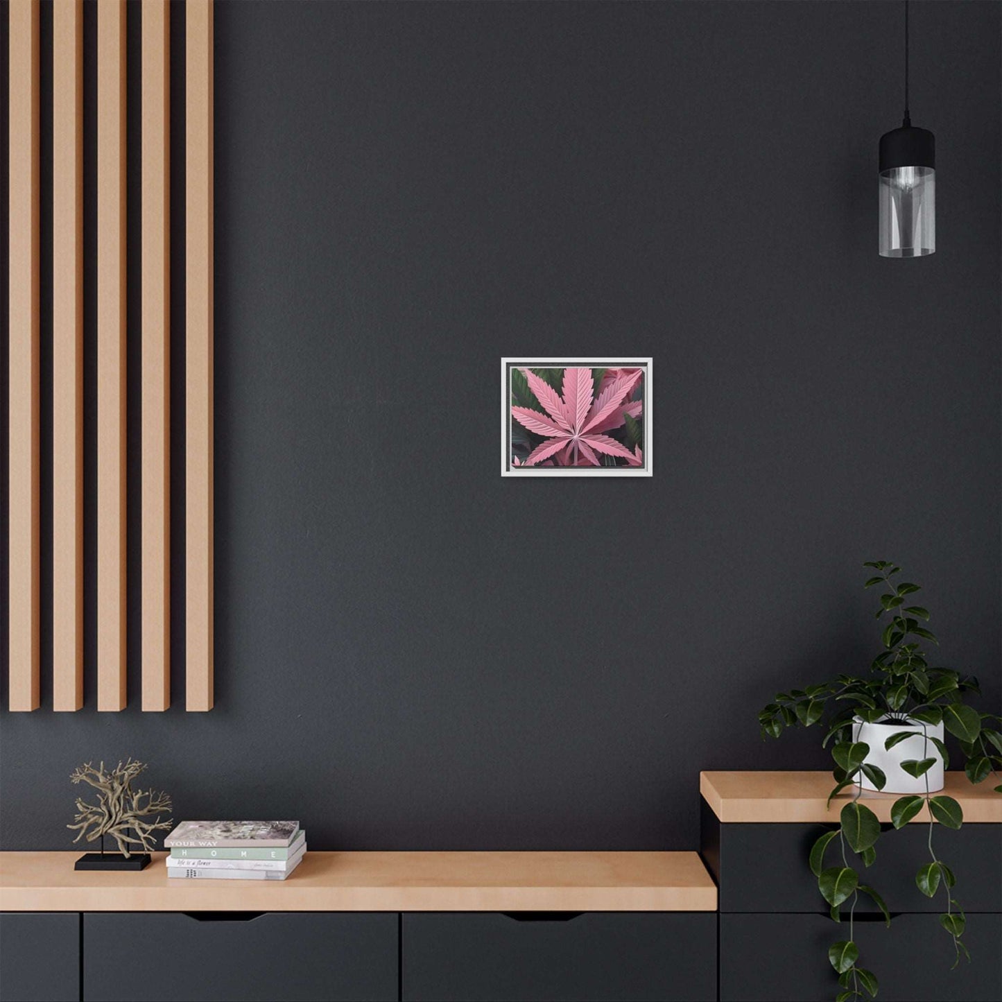 "Pink Cannabis Leaf Art | Framed Botanical Wall Decor | Modern Marijuana Print" Matte Canvas, Framed (Multi-color)