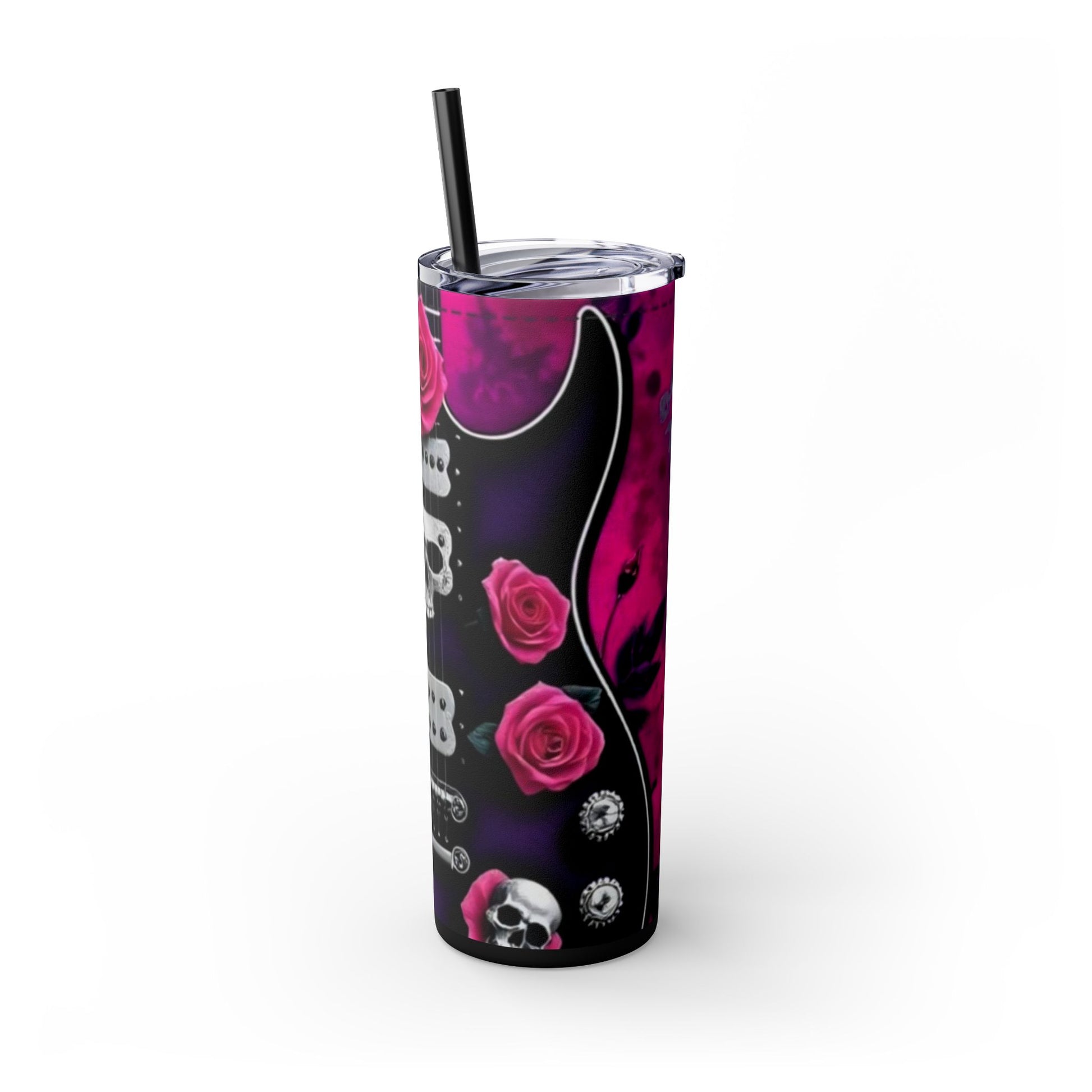 Series 4 of 4 - VIBRAINT Purple Guitar with Skulls and Pink Roses,Skinny Tumbler with Straw, 20oz - Rock n Royalty Designs