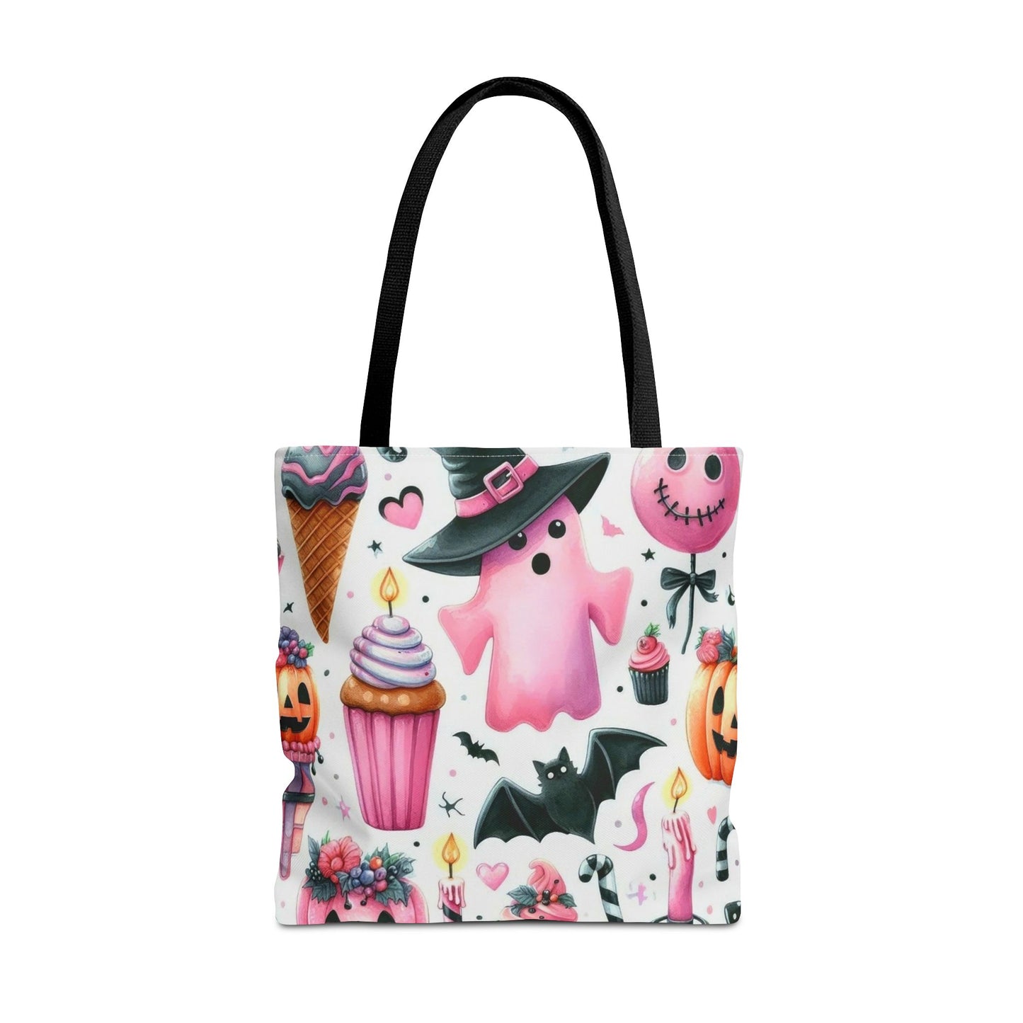 "Cute Halloween Tote Bag - Pink Ghost & Spooky Treats Design" Print Tote Bag Printify