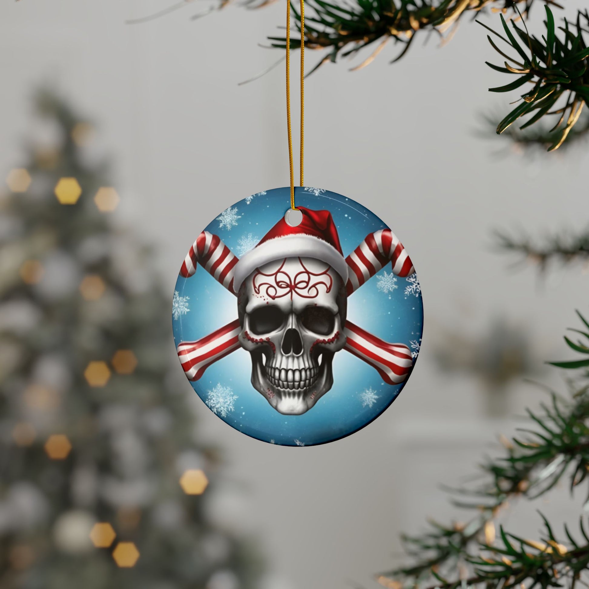 SKULL SANTA HAT - CANDY CANE CROSSBONES -Ceramic Ornaments, 2-Side Print, (1pc, 3pcs, 5pcs, 10pcs) - Rock n Royalty Designs