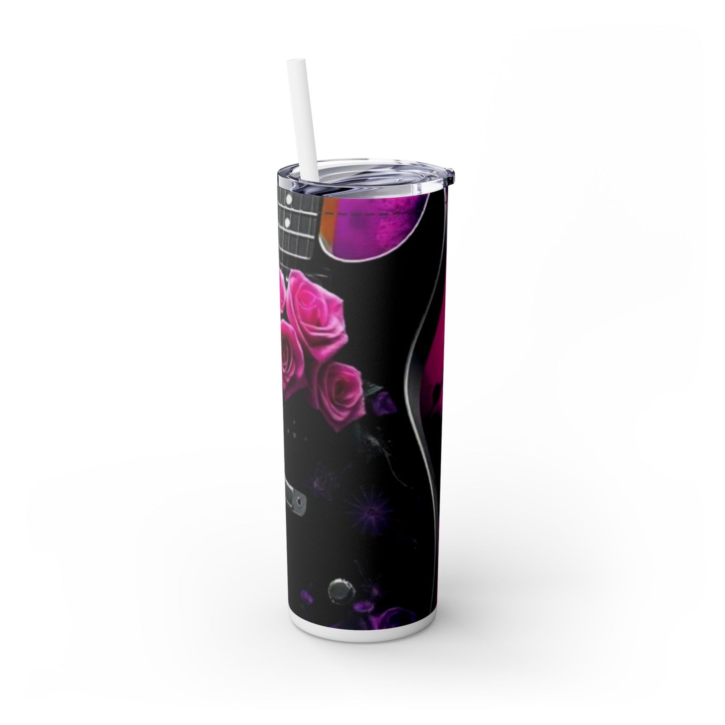 Series 2 of 4 - VIBRAINT Purple Guitar with Skulls and Pink Roses,Skinny Tumbler with Straw, 20oz - Rock n Royalty Designs