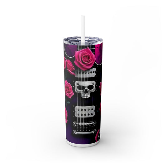 Series 4 of 4 - VIBRAINT Purple Guitar with Skulls and Pink Roses,Skinny Tumbler with Straw, 20oz - Rock n Royalty Designs