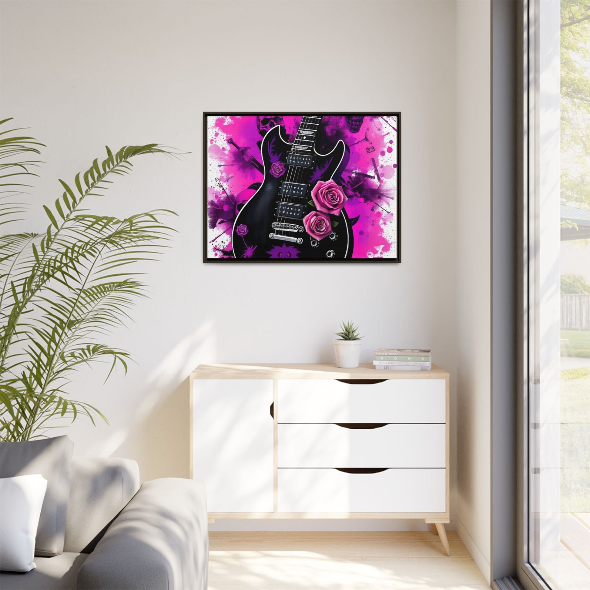 Canvas Art Print 1 of 4 - VIBRAINT Purple Guitar with Skulls and Pink Roses - Rock n Royalty Designs