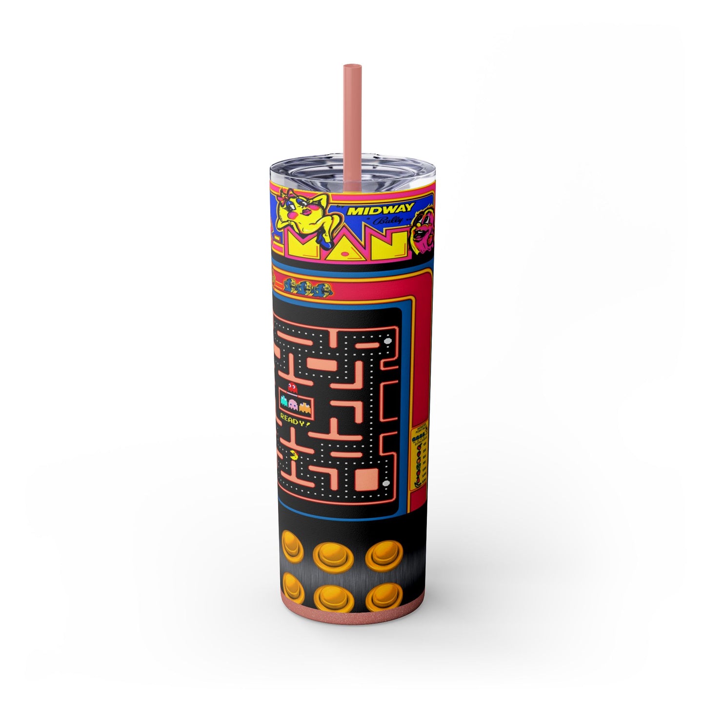 MS PACMAN ARCADE GAME - Skinny Tumbler with Straw, 20oz - Rock n Royalty Designs