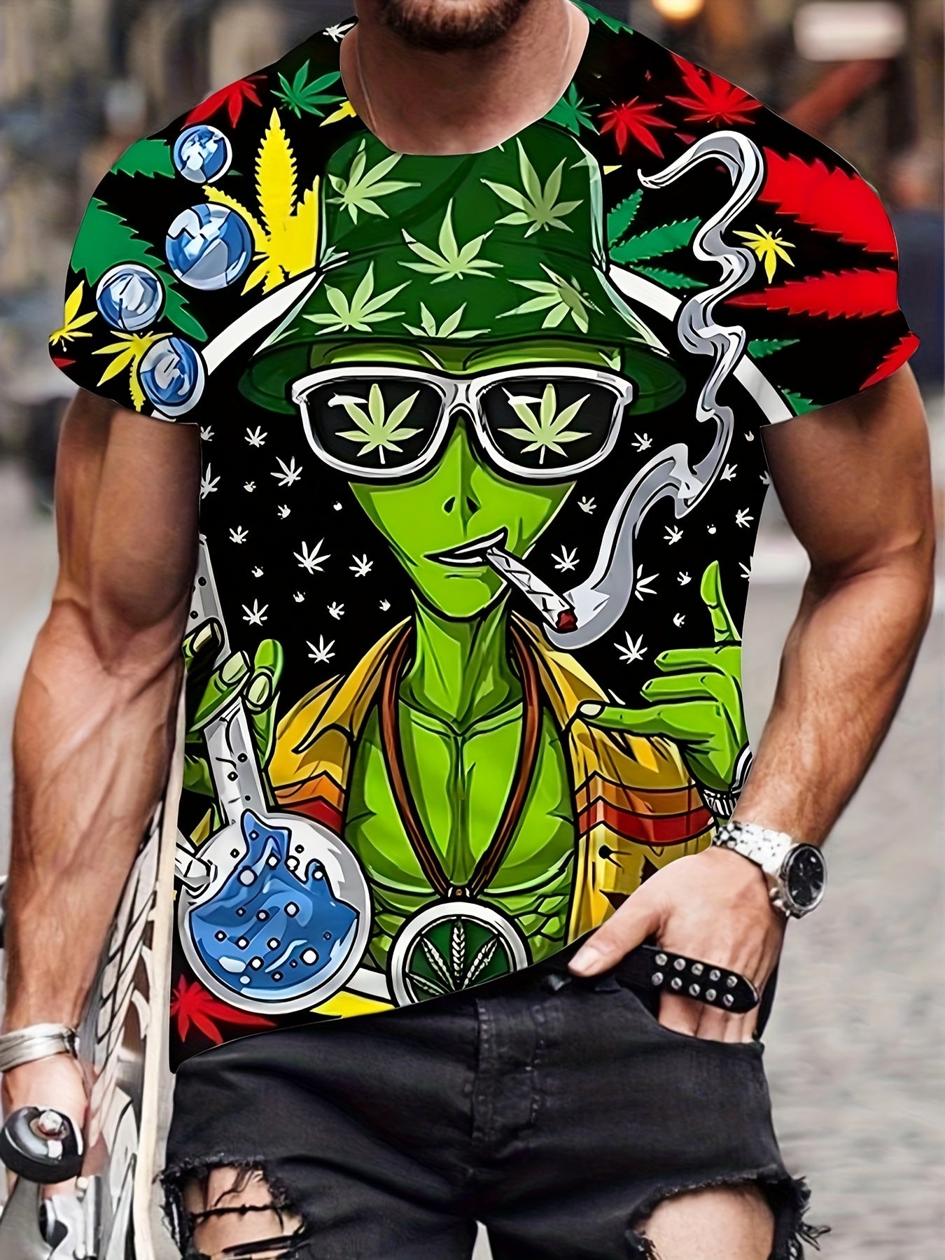 Novelty 3D Alien Maryjane Pattern Print Men's Crew Neck Short Sleeve T-shirt, Casual Summer T-Shirt For Daily Wear And Vacation Resorts - Rock n Royalty Designs