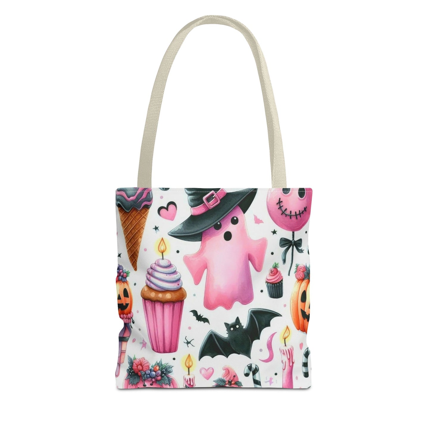 "Cute Halloween Tote Bag - Pink Ghost & Spooky Treats Design" Print Tote Bag Printify