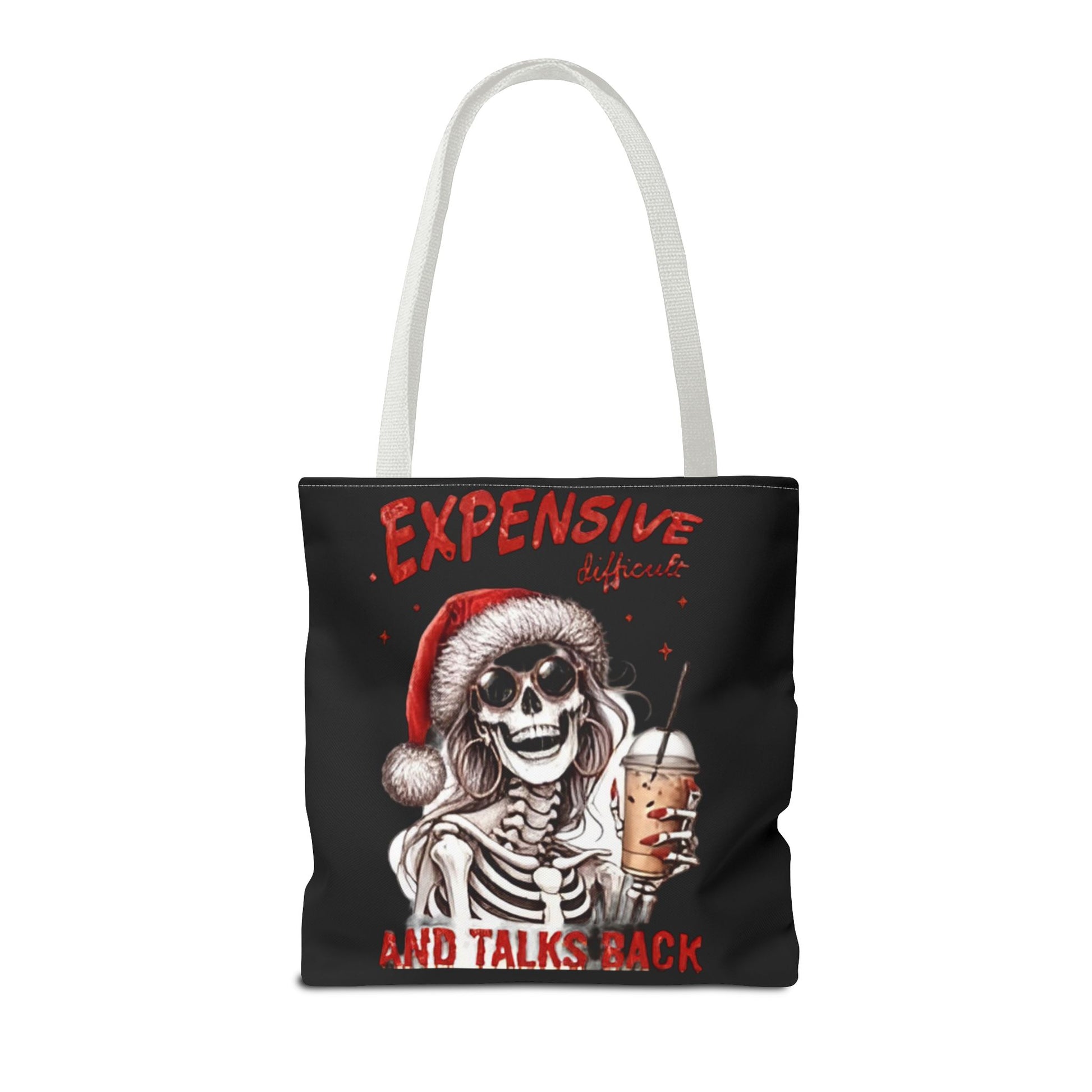 "Expensive and Talks Back: Sassy Skeleton Santa Tote Bag" Printify