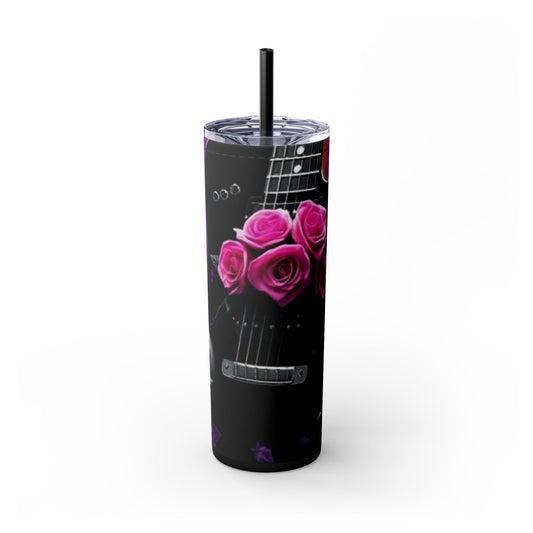 Series 2 of 4 - VIBRAINT Purple Guitar with Skulls and Pink Roses,Skinny Tumbler with Straw, 20oz - Rock n Royalty Designs