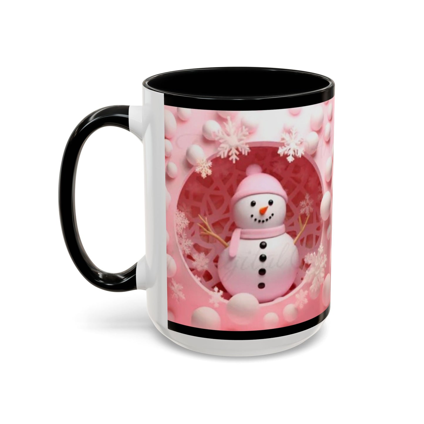 Snowman Coffee Mug, Pink Heart Winter Design (11oz) Printify