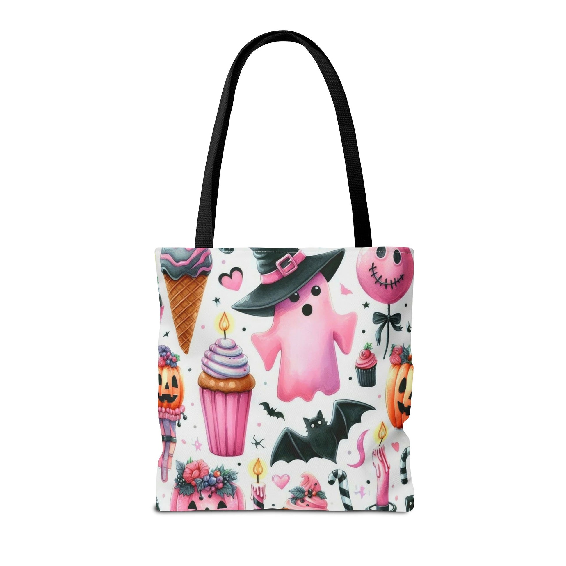 "Cute Halloween Tote Bag - Pink Ghost & Spooky Treats Design" Print Tote Bag Printify