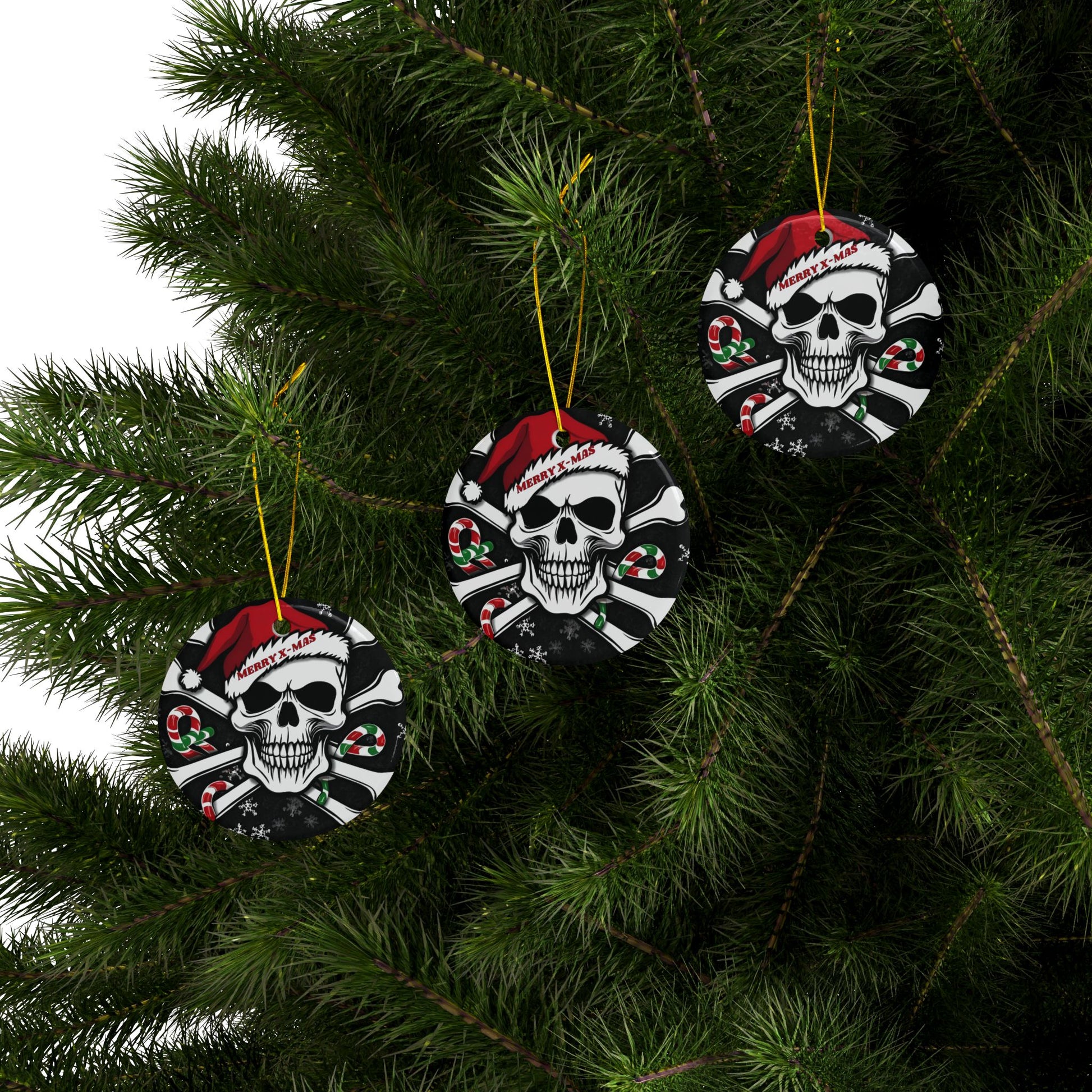 Merry X-Mas Skull Ssnta Hat - Ceramic Ornaments, 2-Side Print, (1pc, 3pcs, 5pcs, 10pcs) - Rock n Royalty Designs