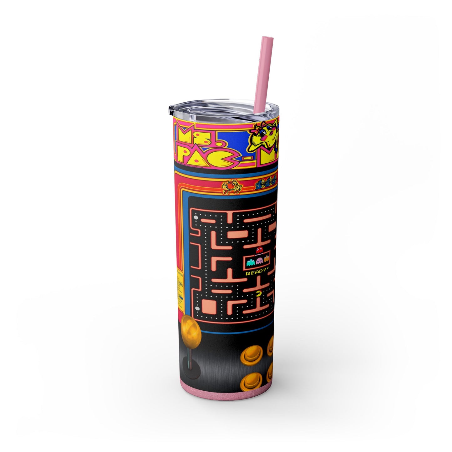 MS PACMAN ARCADE GAME - Skinny Tumbler with Straw, 20oz - Rock n Royalty Designs