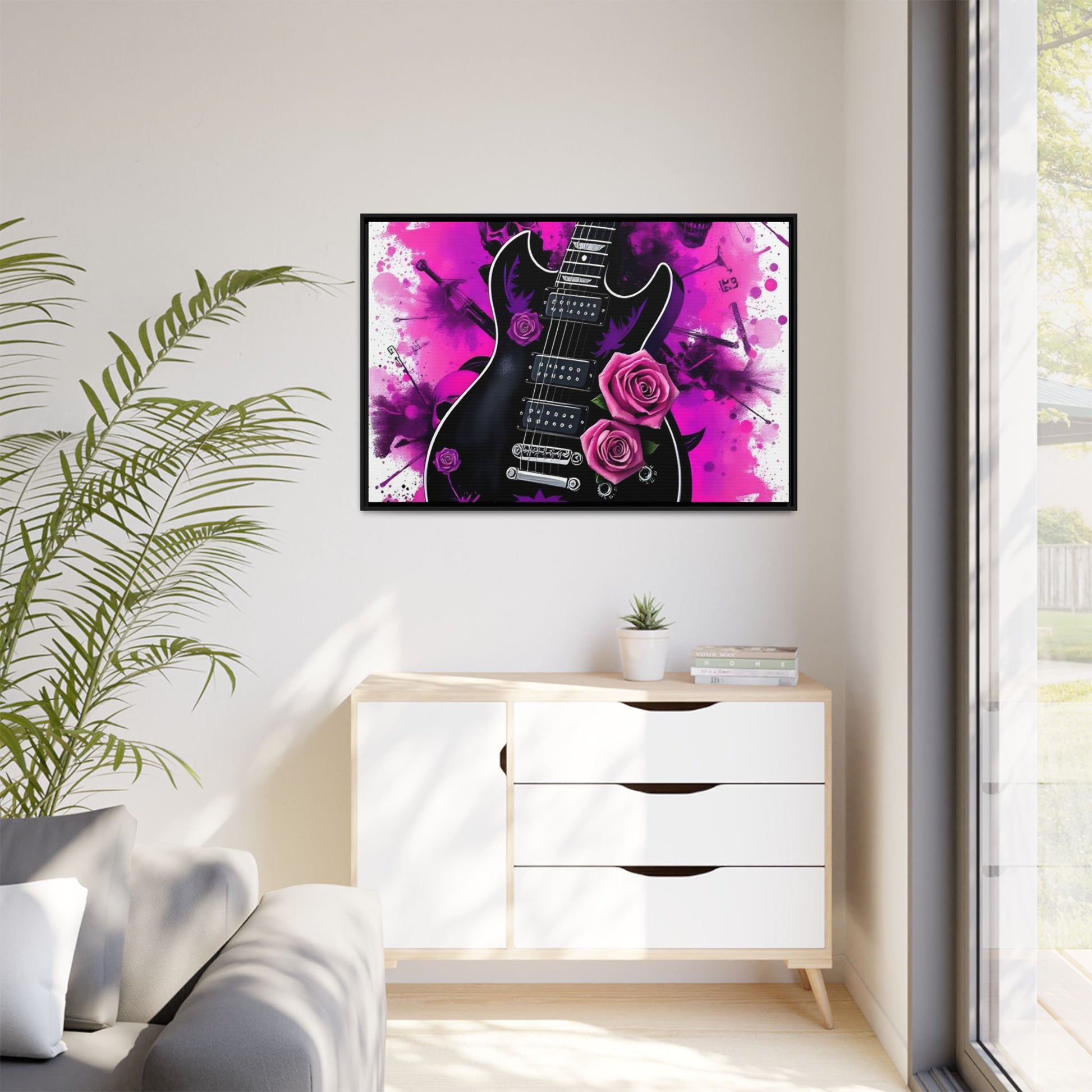 Canvas Art Print 1 of 4 - VIBRAINT Purple Guitar with Skulls and Pink Roses - Rock n Royalty Designs