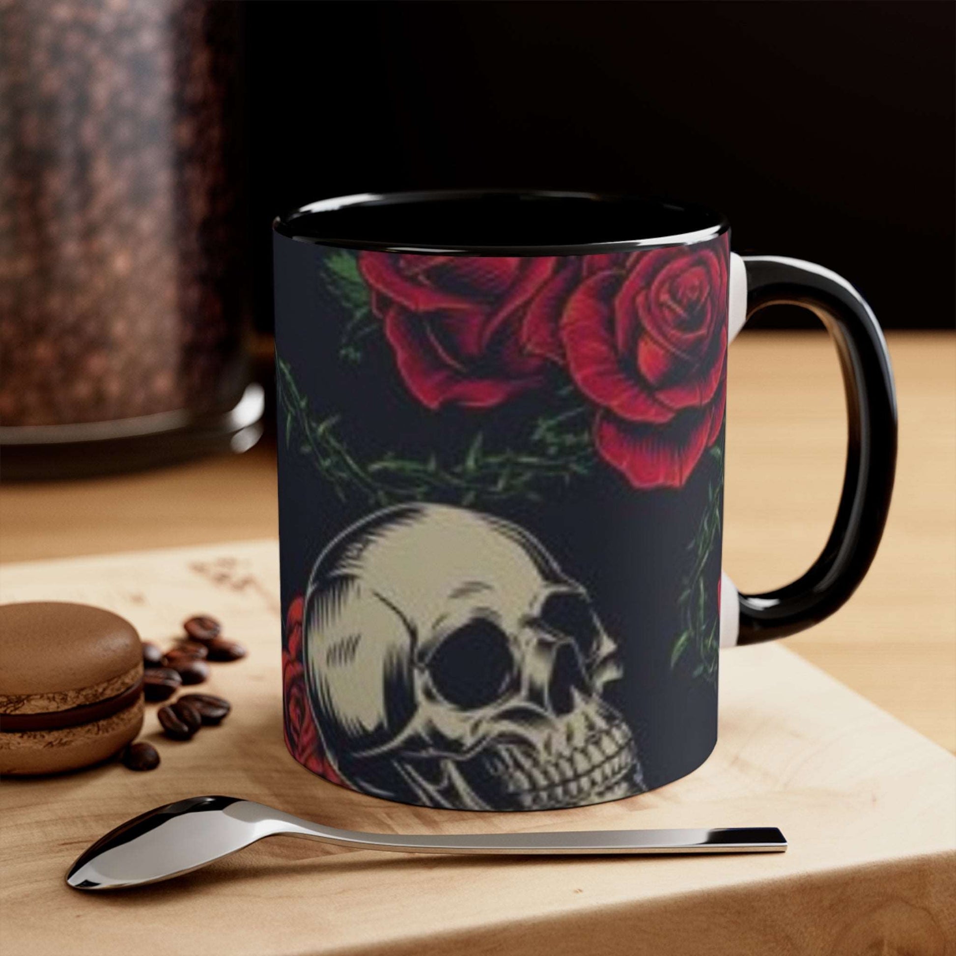 "Gothic Skull and Roses Coffee Mug - Red Interior"