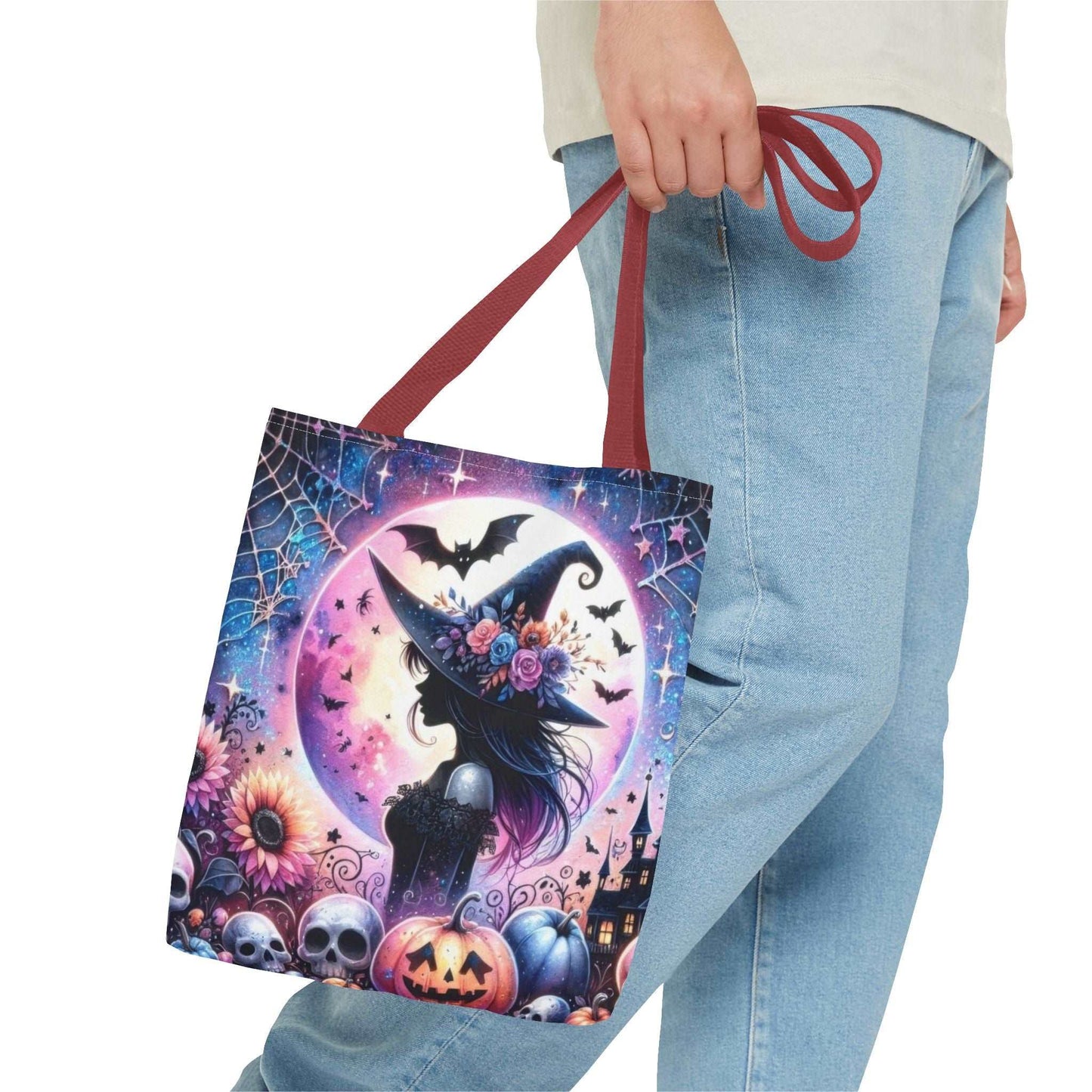 "Mystical Witch Tote Bag - Celestial Moon and Bat Design (AOP)"