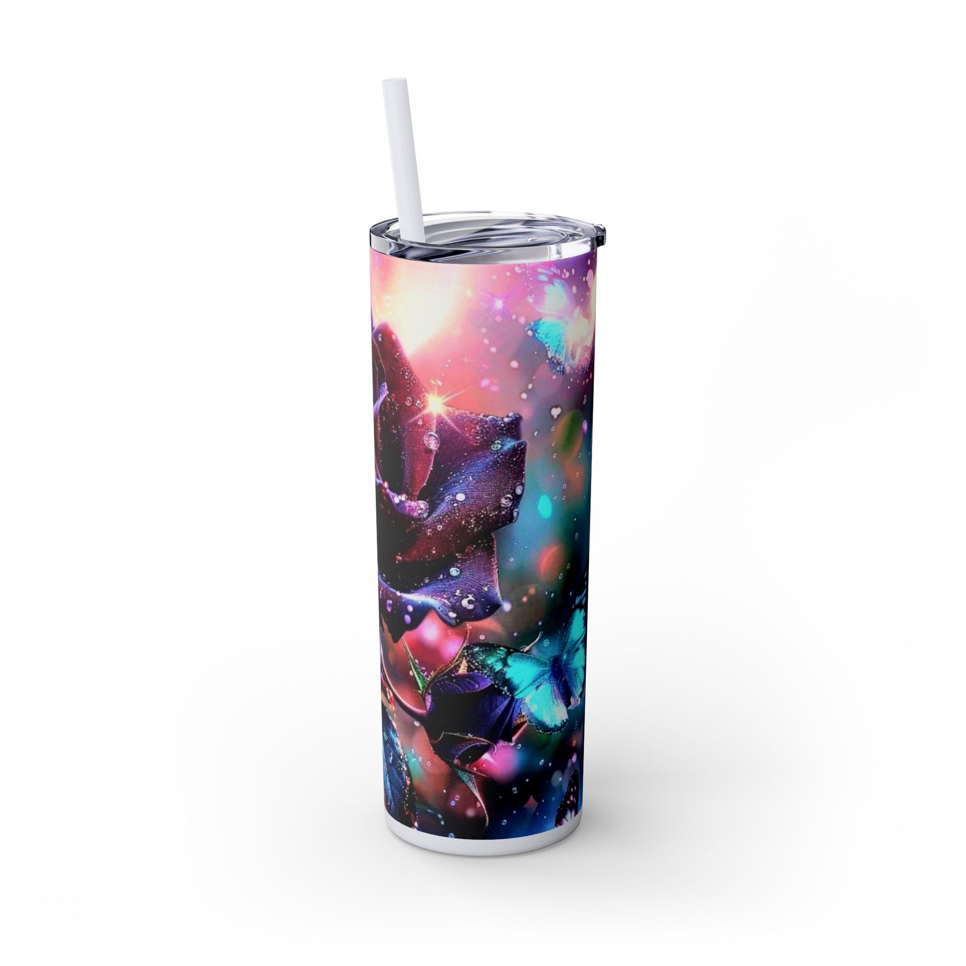 PURPLE ROSE BLUE BFLY - Skinny Tumbler with Straw, 20oz - Rock n Royalty Designs