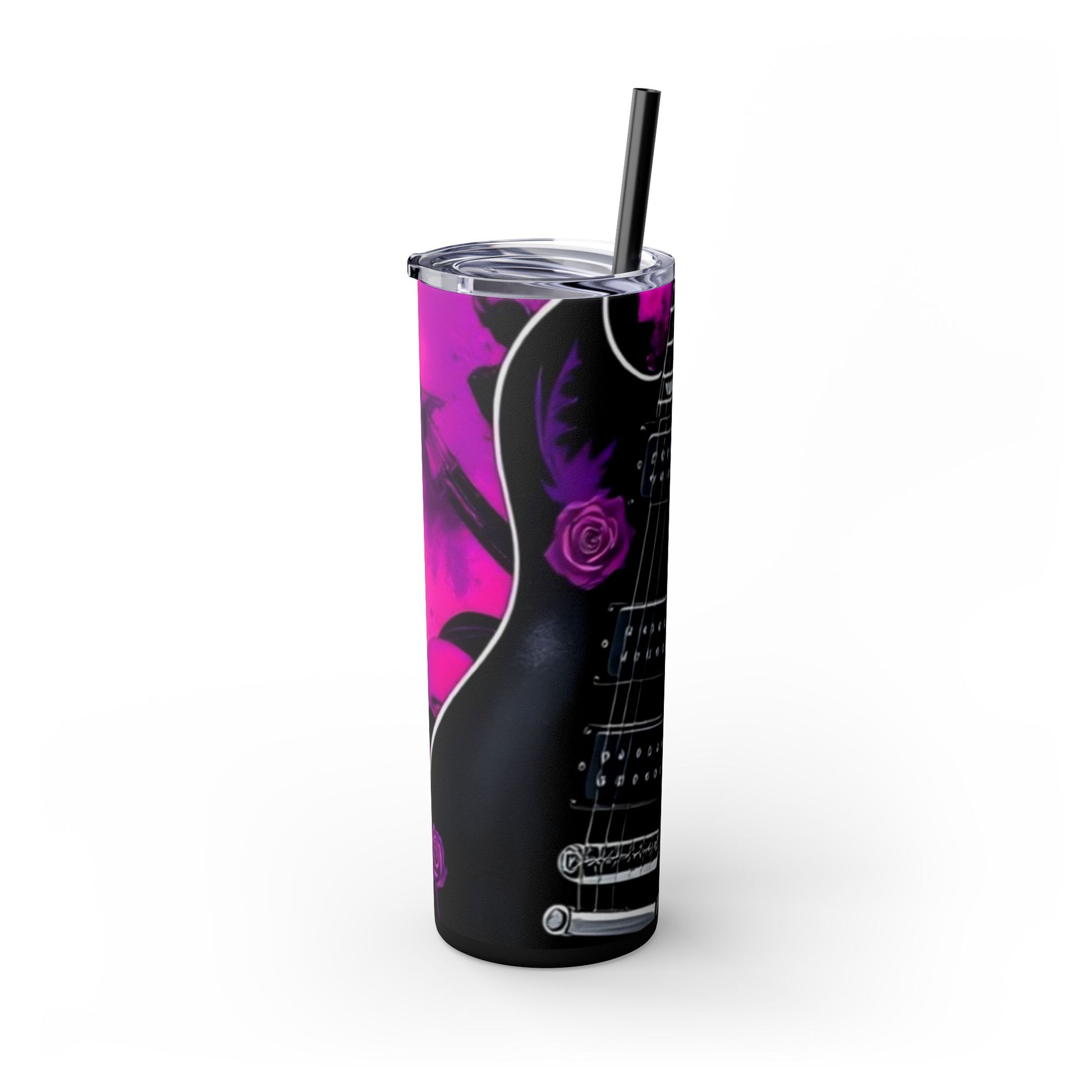 Series 1 of 4 - VIBRAINT Purple Guitar with Skulls and Pink Roses,Skinny Tumbler with Straw, 20oz - Rock n Royalty Designs