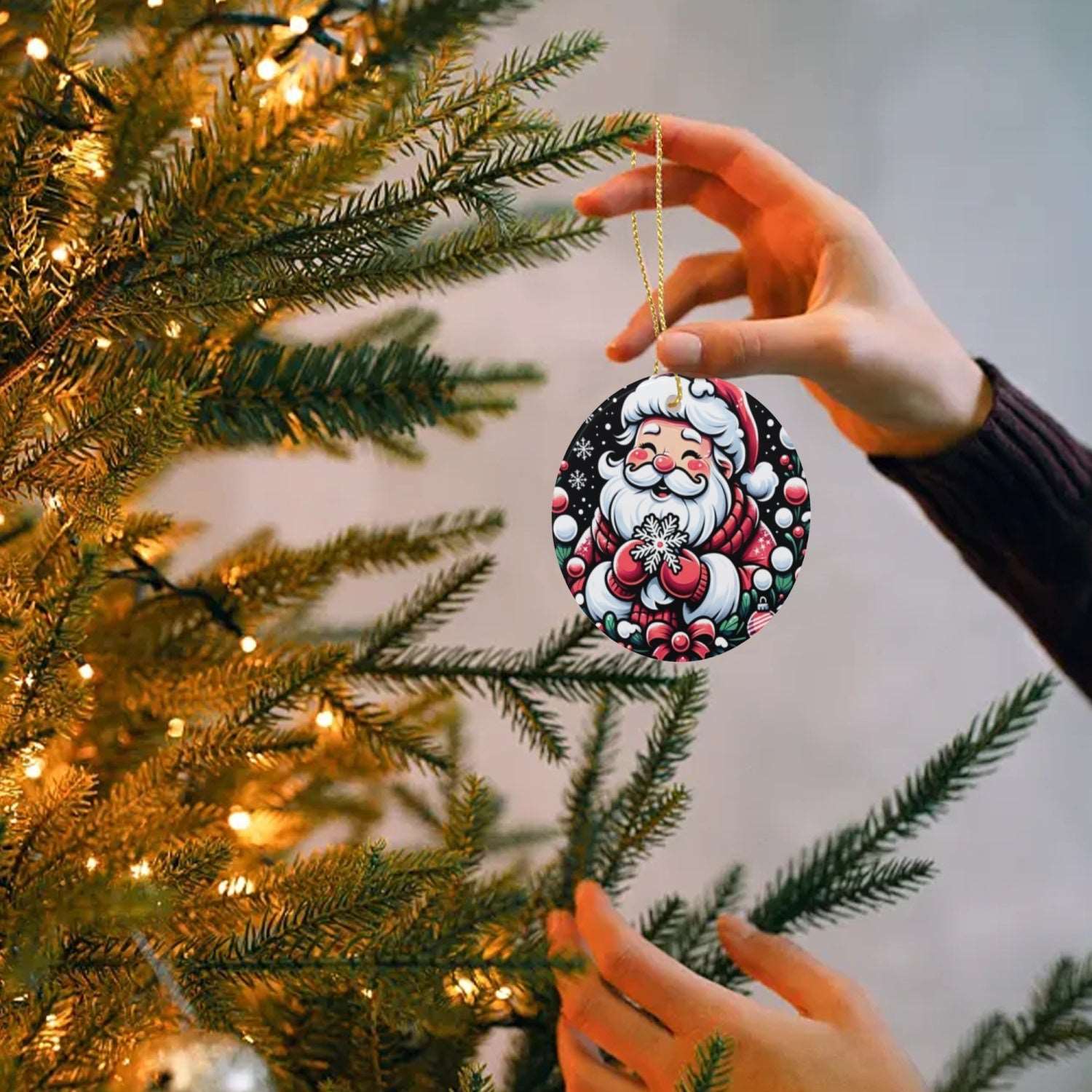 "Santa Ceramic Circle Ornament - 2.9" Double-Sided Christmas Tree Decoration