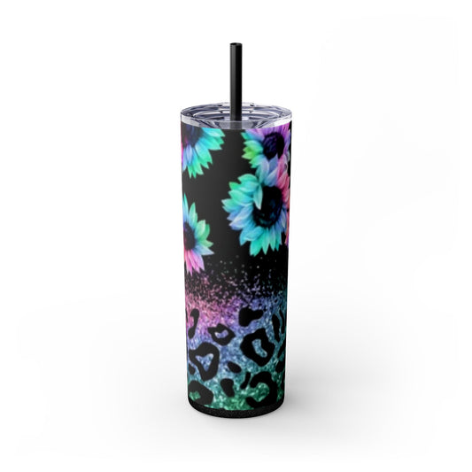 Pink Blue Green _Flowers-Animal Priint Sparkles Skinny Tumbler with Straw, 20oz - Rock n Royalty Designs