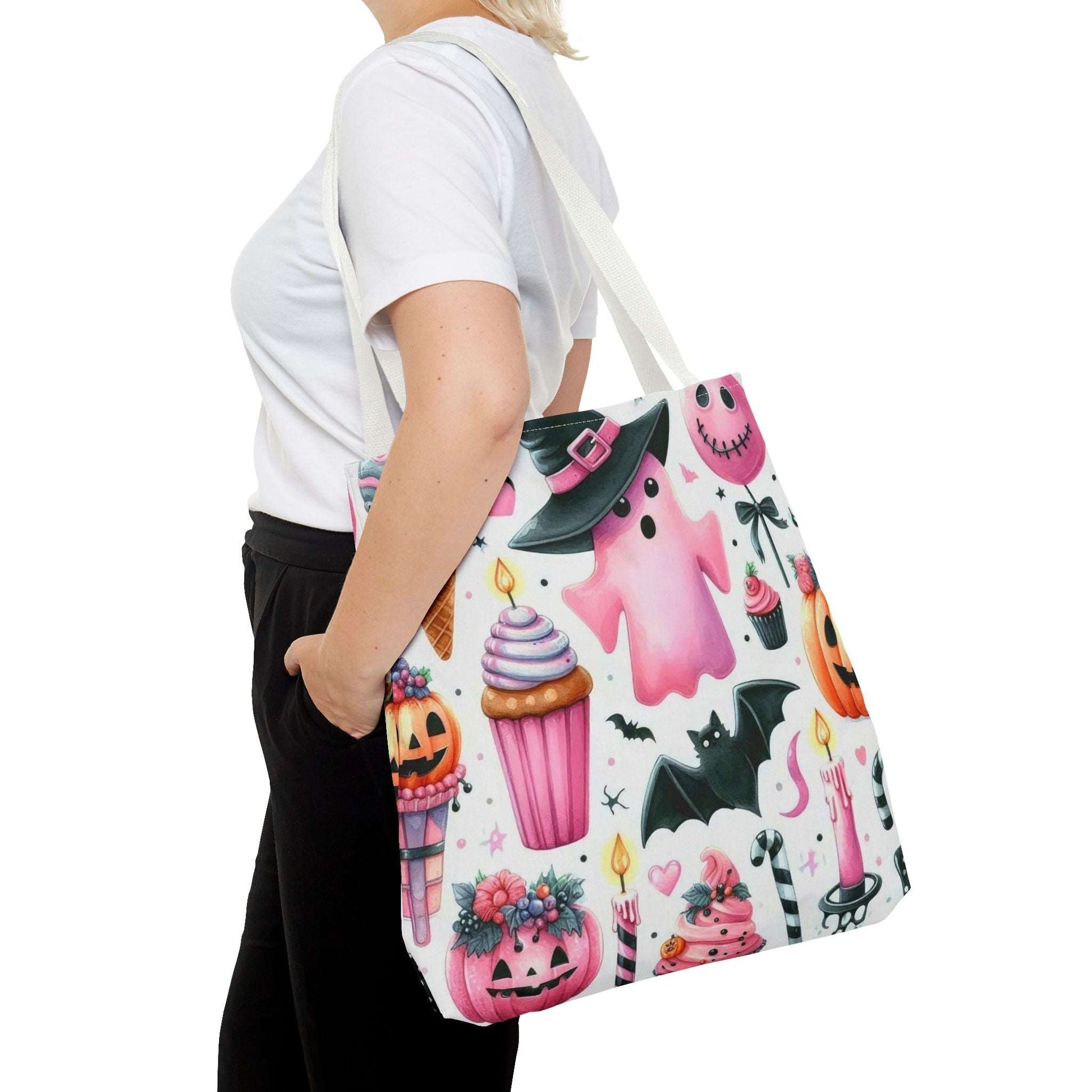 "Cute Halloween Tote Bag - Pink Ghost & Spooky Treats Design" Print Tote Bag