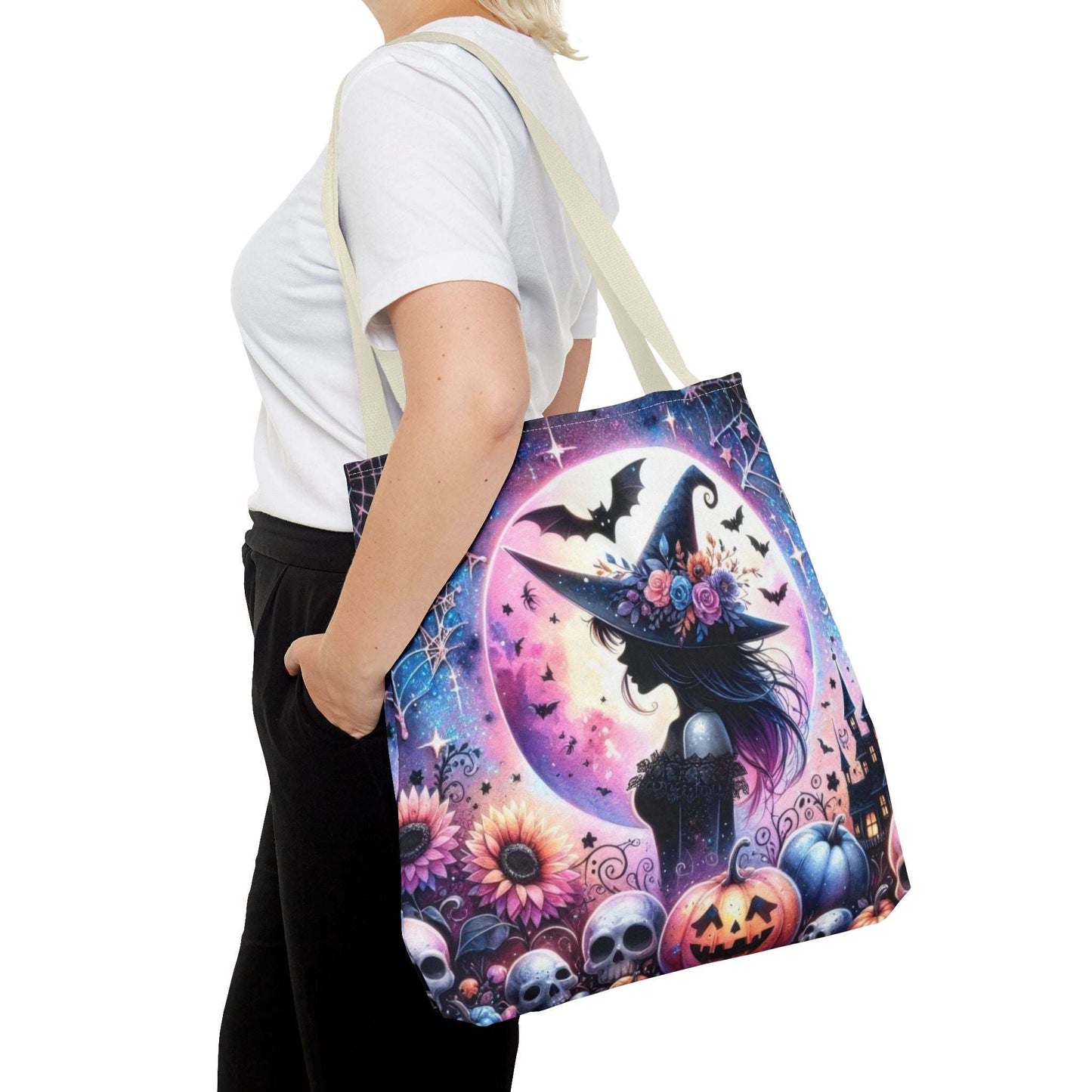 "Mystical Witch Tote Bag - Celestial Moon and Bat Design (AOP)"