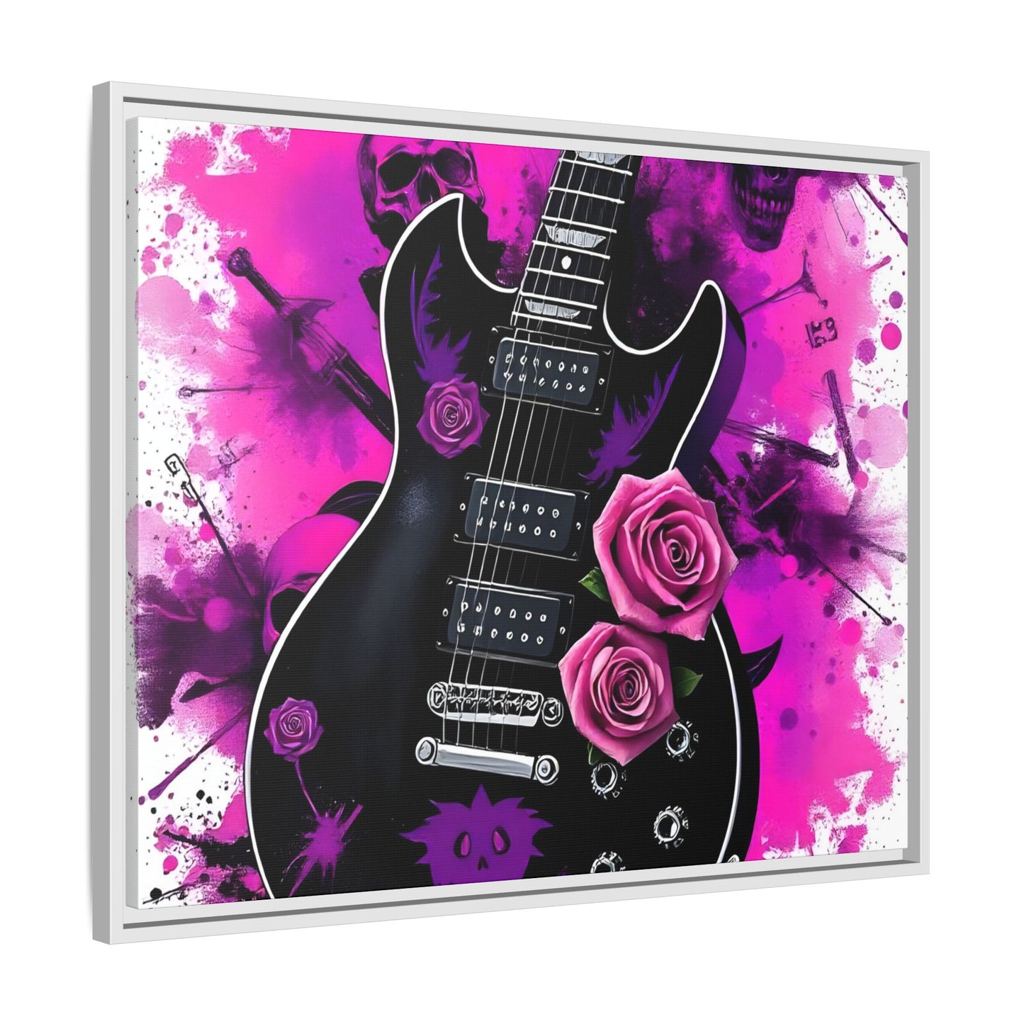 Canvas Art Print 1 of 4 - VIBRAINT Purple Guitar with Skulls and Pink Roses - Rock n Royalty Designs