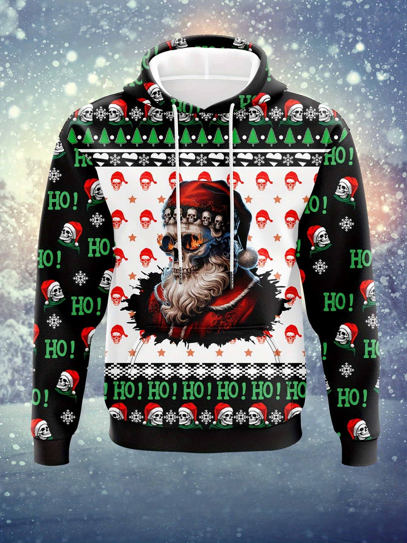 Skully Shady Santa - Ugly Christmas Sweater | Gothic Holiday Hoodie 3D Skull Print - Mens Casual & Comfy Pullover, Red & Black, Polyester Blend - Rock n Royalty Designs