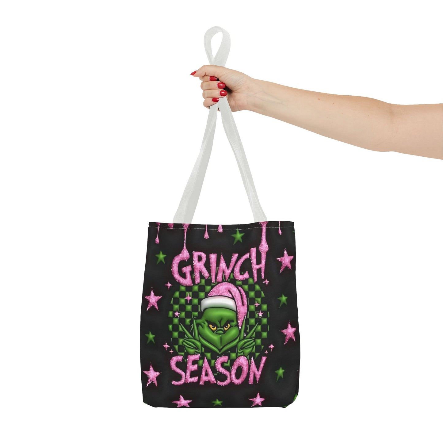 "Grinch Season Tote Bag - Christmas Holiday Shopping Handbag with Pink and Green Design" Printify