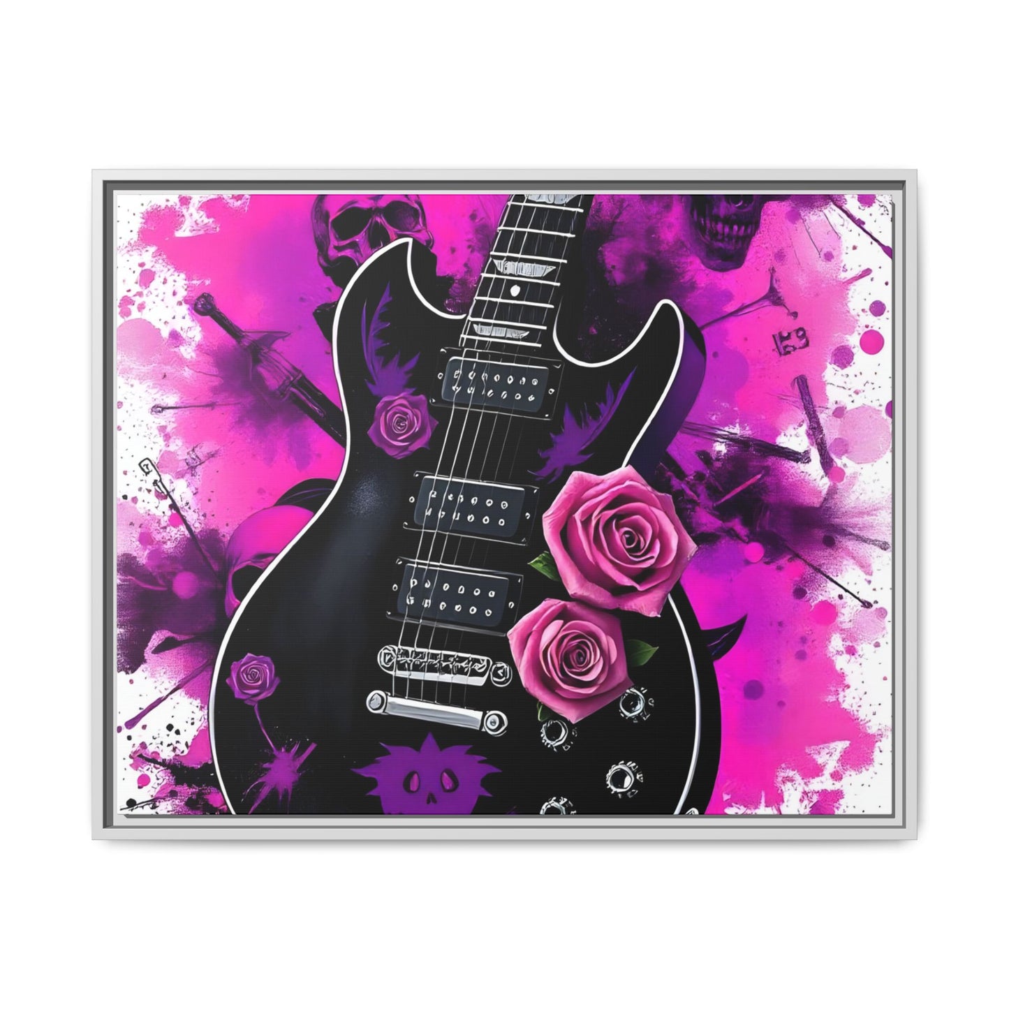 Canvas Art Print 1 of 4 - VIBRAINT Purple Guitar with Skulls and Pink Roses - Rock n Royalty Designs