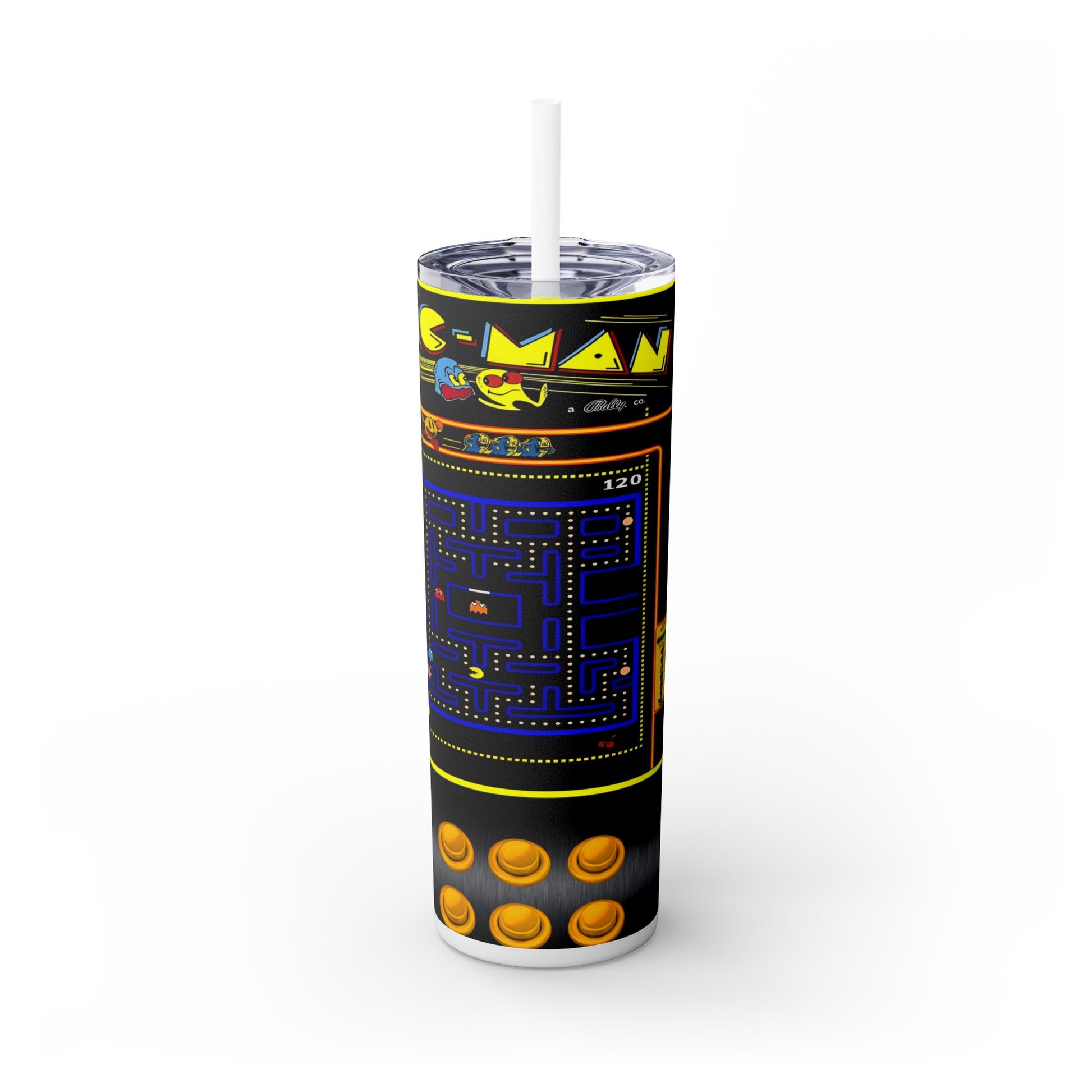 PACMAN ARCADE GAME - Skinny Tumbler with Straw, 20oz - Rock n Royalty Designs